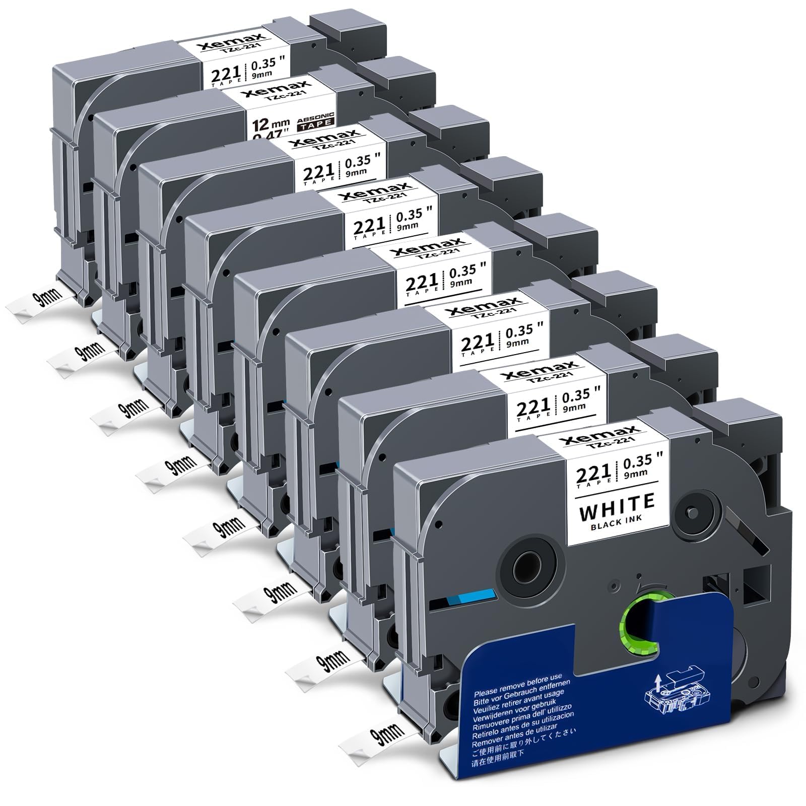 8x XemaX Etikettenband Kompatibel für Brother P-touch Bänder 9mm TZe-221 TZ-221 Schriftbänder Schwarz auf Weiß Etiketten Kassette für Brother P-Touch PT-E110 H100R H110 H101C H108 E100 H100LB H105 — image 1