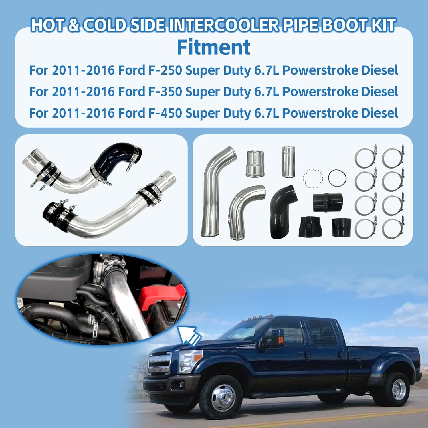 Hot & Cold Side Intercooler Pipe Boot Kit Fit for 2011-2016 Ford F-250 F-350 F-450 Super Duty 6.7L Powerstroke Diesel Aluminum Alloy Intercooler Pipe for Ford F250 F350 F450 6.7L Powerstroke Diesel