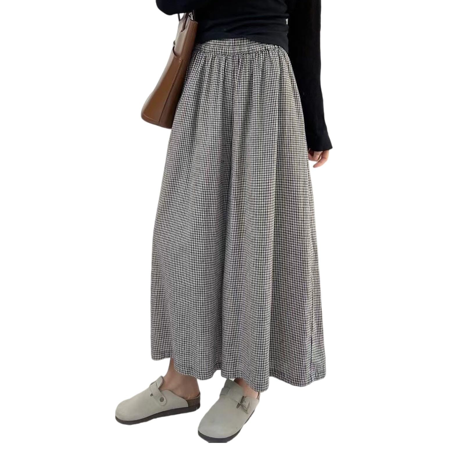 Japanese plaid skirt pantsWomens artistic retro plaid cotton linen skirt pantsloose oversized casual pants