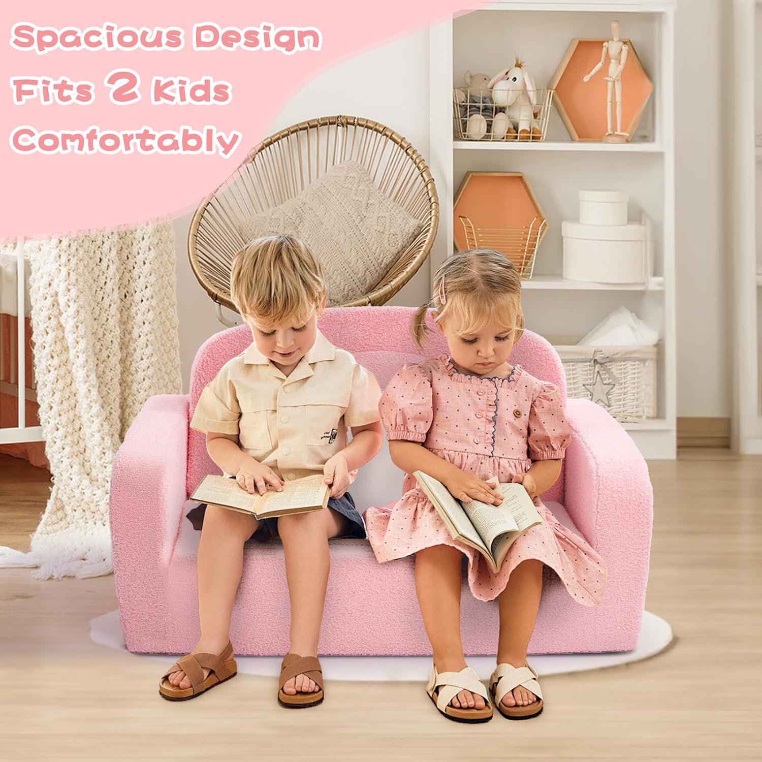 Extra Wide Kids Couch, 2-in-1 Soft Toddler Couch with Blanket, Comfy Toddler Chair, Convertible Sofa with Cute Rainbow Design, Pink - Image 3