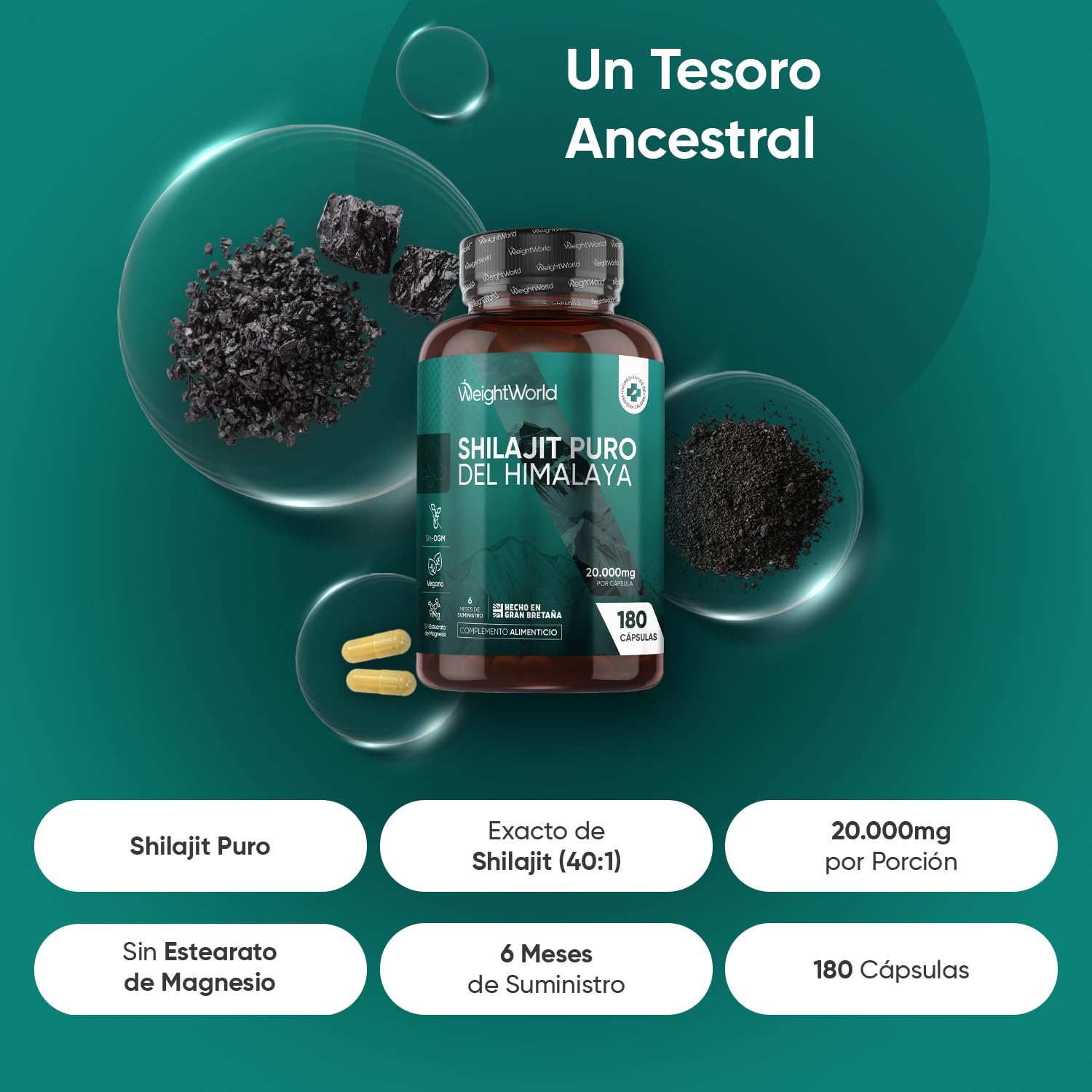Shilajit Puro del Himalaya 20000mg, 180 Cápsulas Veganas, 6 Meses de Suministro - Extracto de Shilajit 40:1, Apto para Veganos, 1 Cápsula al Día, Sin Estearato de Magnesio ni OGM