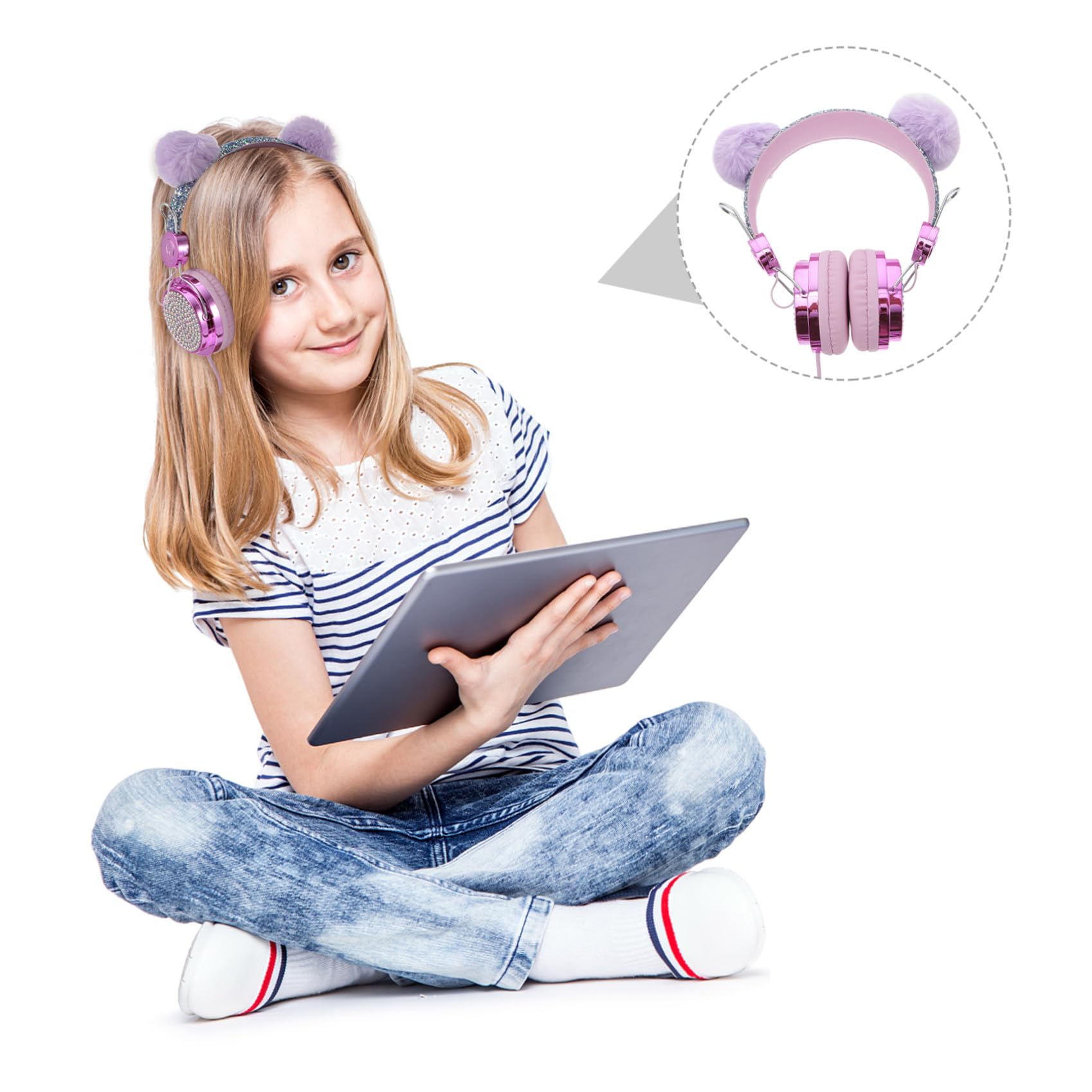OSALADI 2piezas Auriculares para Niño Niña Diseño De Gato Diadema Brillos y Bola De Pelo Auriculares Micrófono Compatibles Teléfonos y Tablets Música