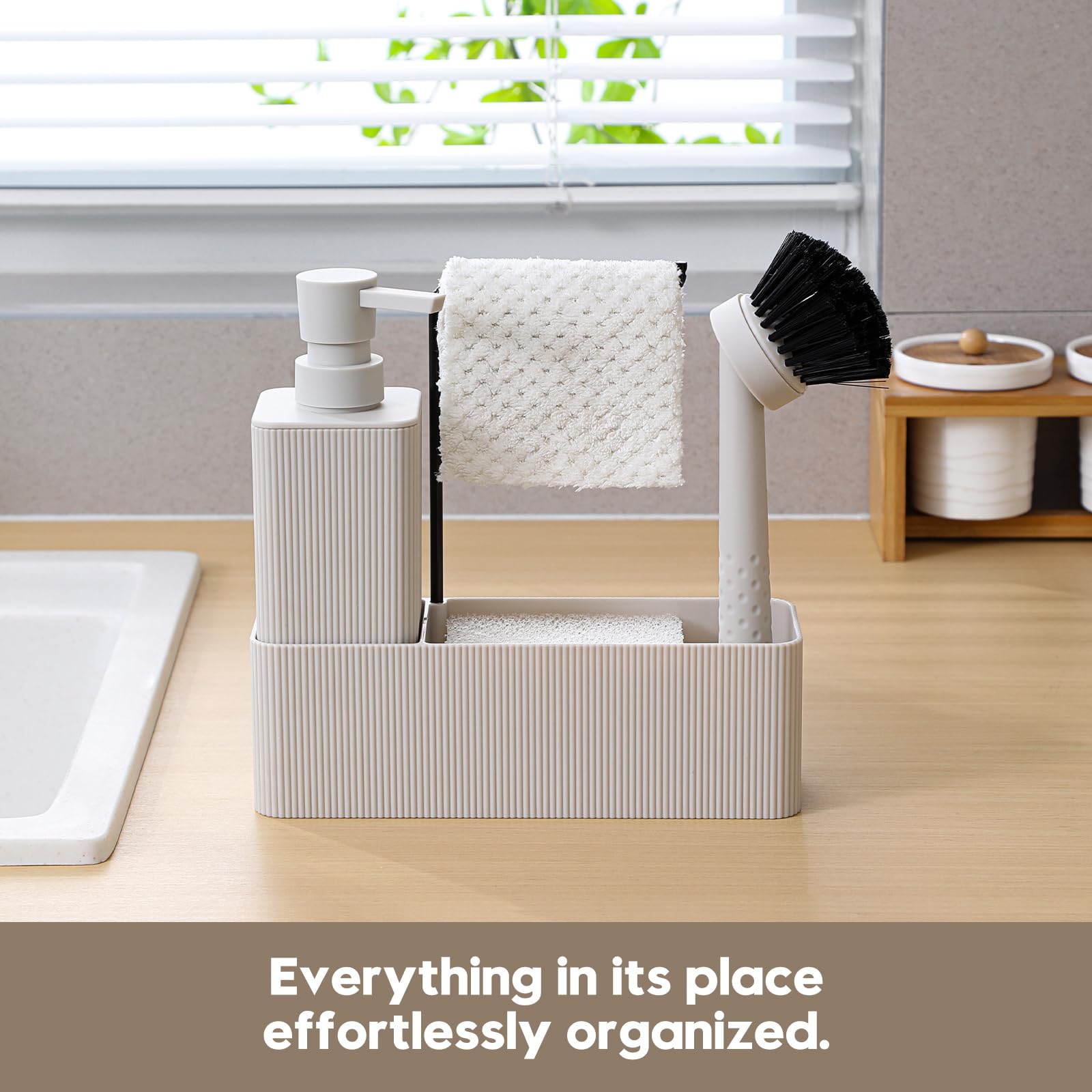 Afwasmiddeldispenser, keukenset, spoelbak-organizer, zwart