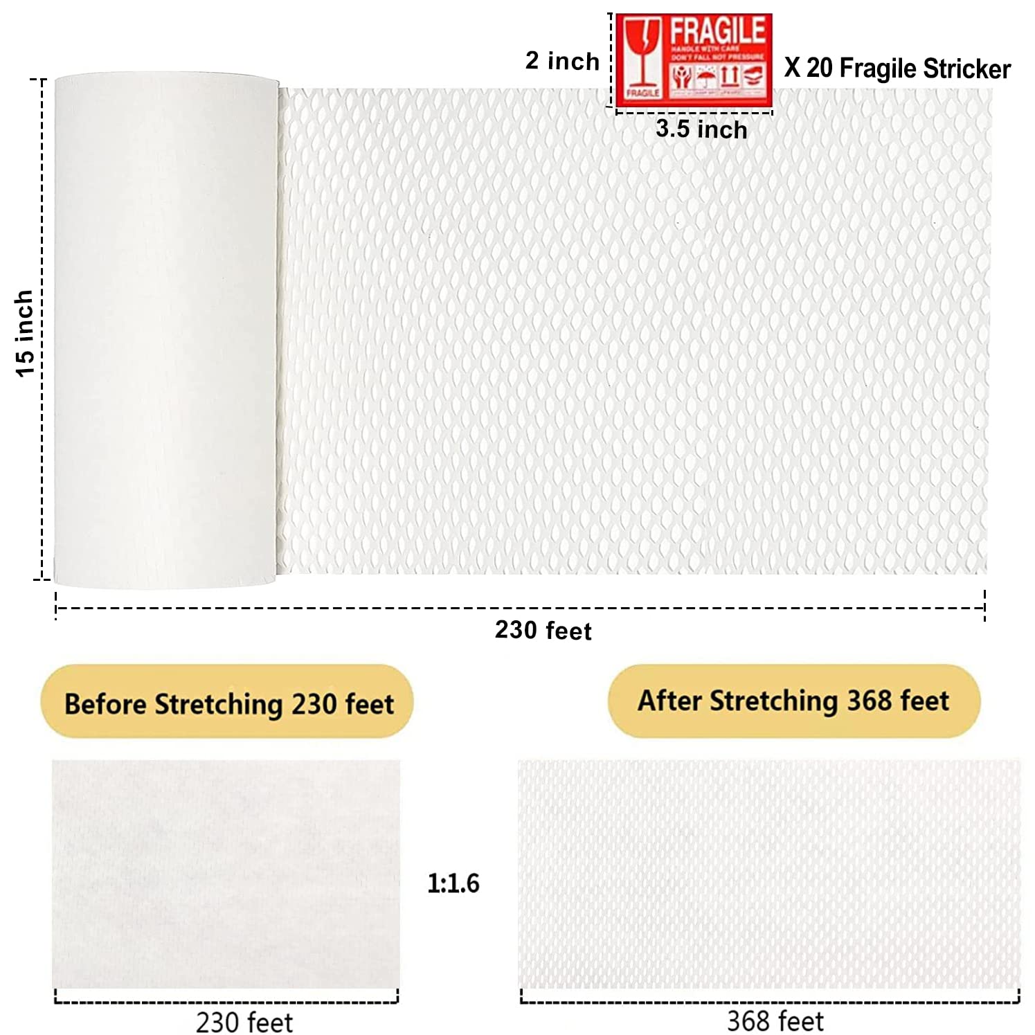 Papel de embalaje de panal, 15 x 255 pies, material de cojín ecológico y reciclable, envoltura de burbujas para mudanzas, suministros rompibles con 20 etiquetas adhesivas frágiles (blanco)