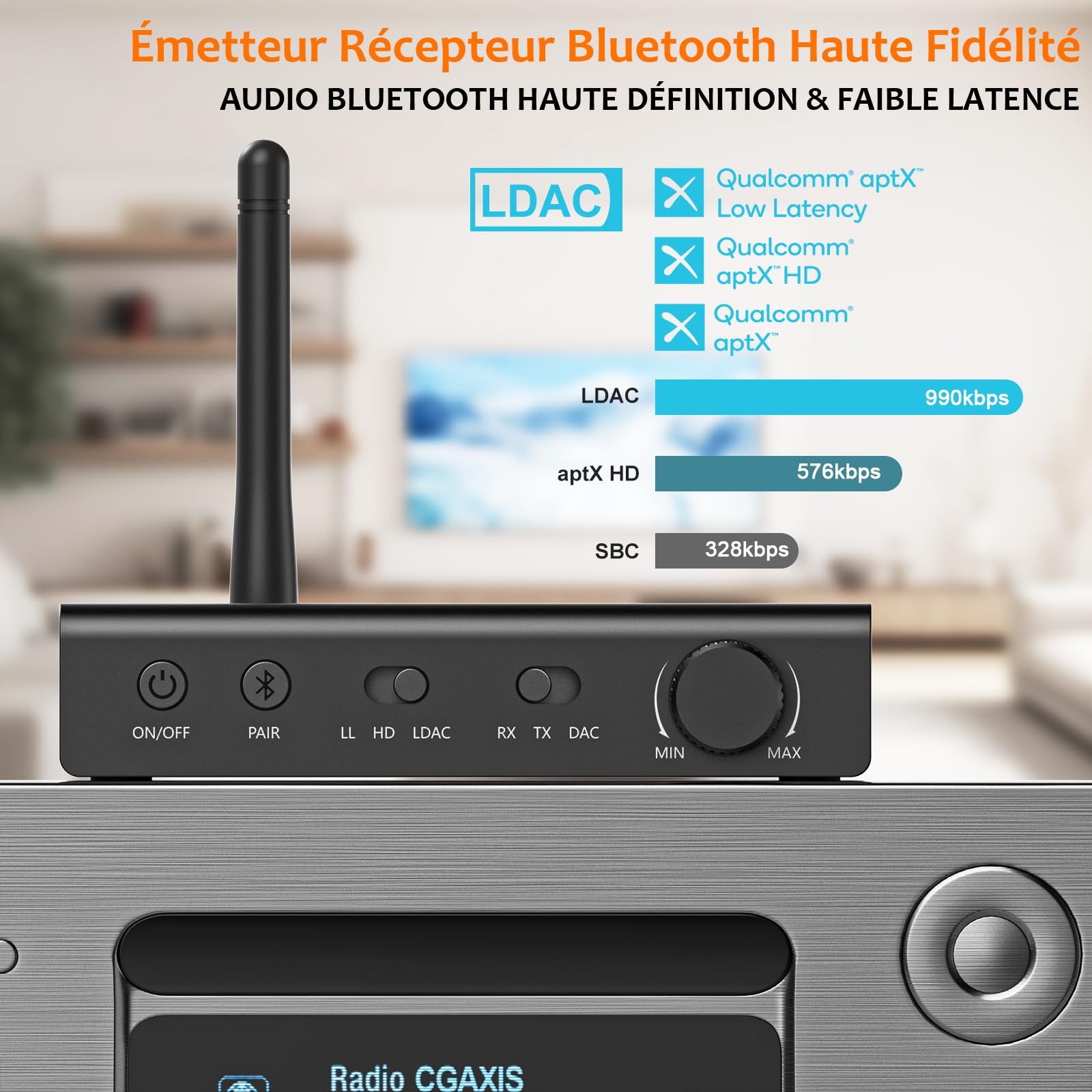 1Mii DS700 LDAC Transmetteur Récepteur Bluetooth avec DAC Audiophile | HiFi Adaptateur Audio sans Fil pour TV/Chaîne Stéréo, aptX HD/LL, Diffusion vers Stéréo Domestique Vintage/Casques Bluetooth