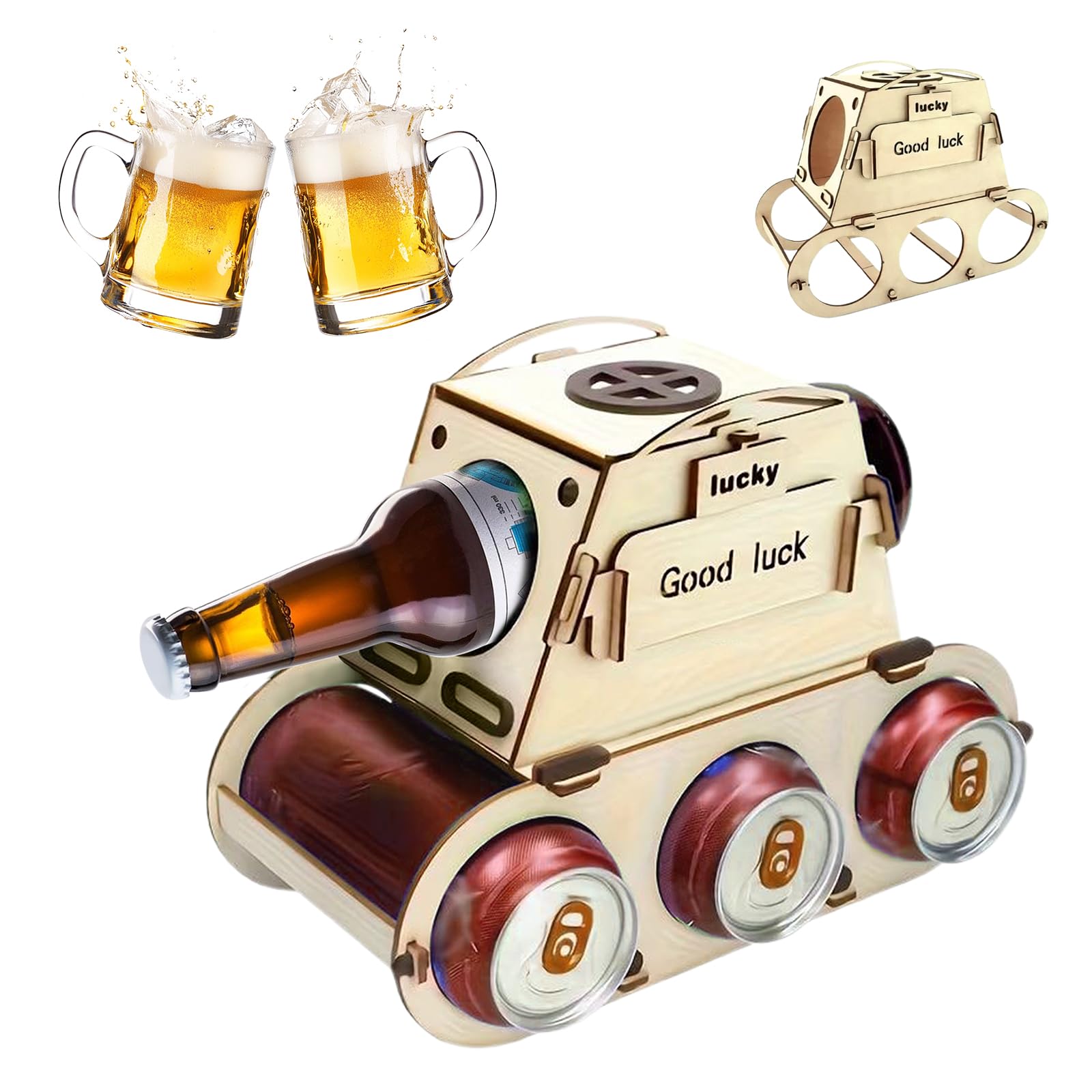 Divertido portacerveza de madera en diseño de tanque, regalos originales para hombres, 30, 40, 50 para amantes de la cerveza, ideal para Oktoberfest único portacerveza de regalo
