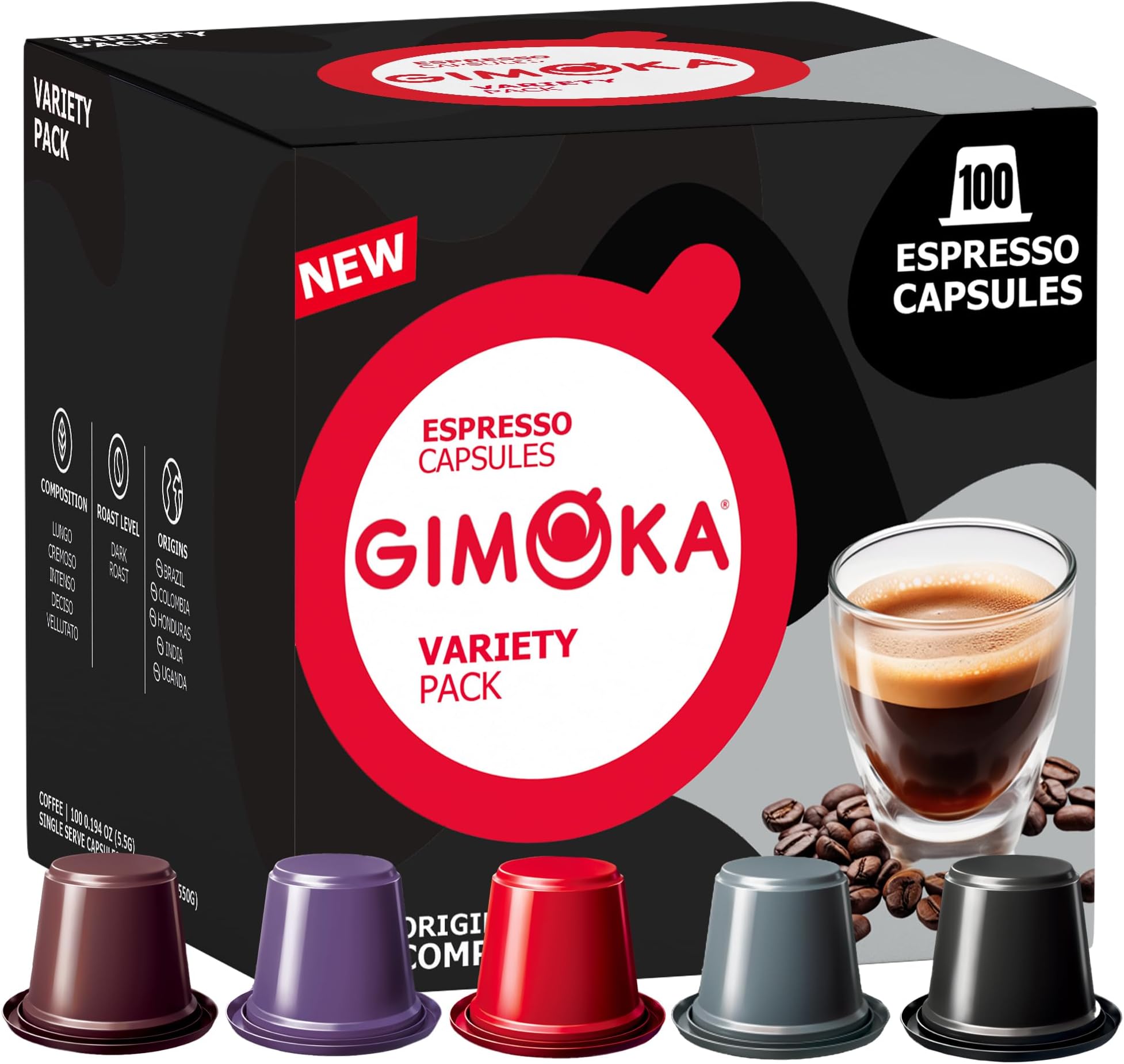 100 Espresso Coffee Pods Variety Pack compatible with Nespresso Original Line Machines, 5 Italian Blends: Intenso Deciso Cremoso Vellutato Lungo, Box Format