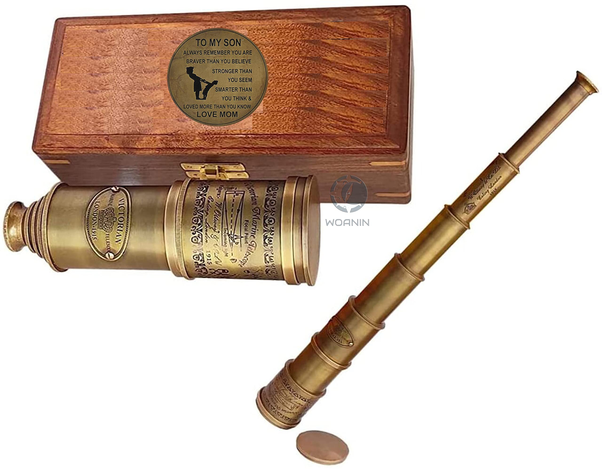 14 telescopi personalizzati in ottone funzionale e visione chiara pirata con custodia/regalo per figlio/a mio figlio/regalo per mio figlio/regalo da mamma a figlio con custodia in legno