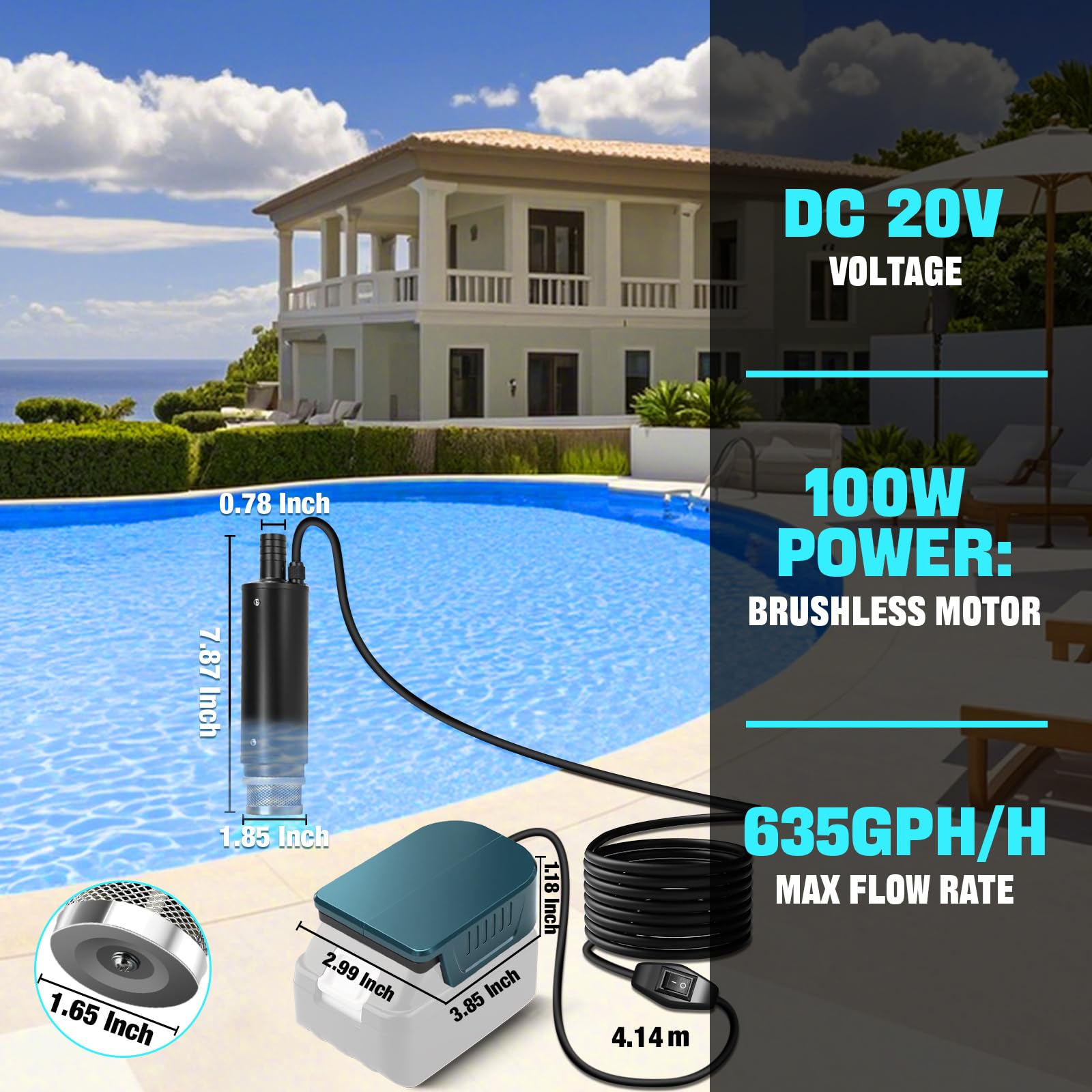 Bomba sumergible compatible con batería Makita de 18 V (sin batería), bomba de agua portátil para aguas residuales, bomba de agua transparente, 500 GPH con manguera de 1 m, para piscina, camas de agua