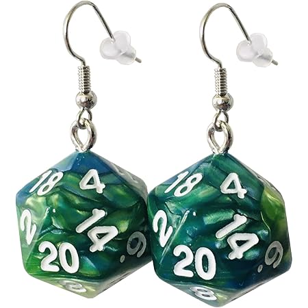 d20 Dice Earrings - Hook with Earnuts (Blue-Green Swirl)