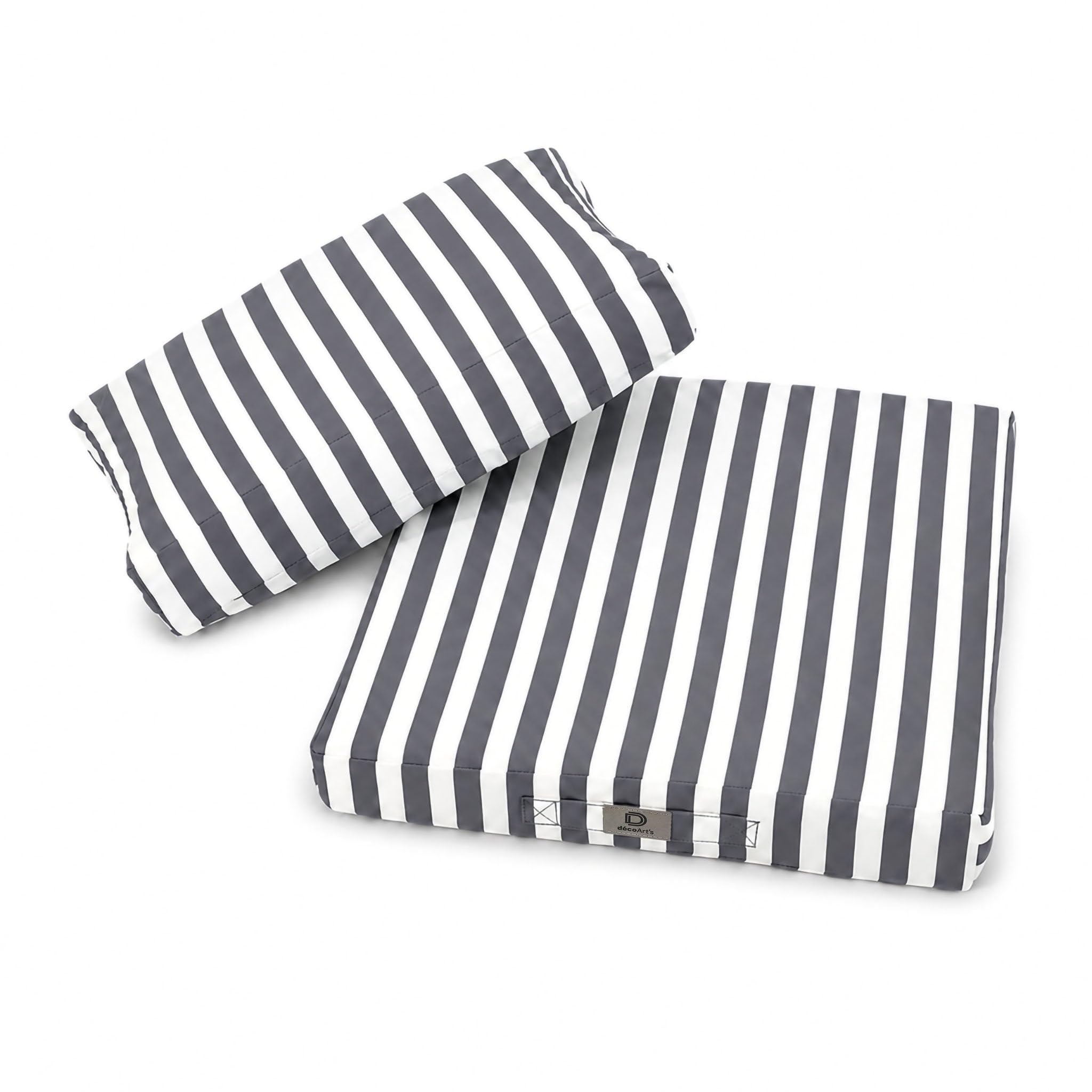 Déco Arts — Lot de 2 Coussins Déhoussables Salon Jardin 50x50 — Assise 50x50 + Dossier 50x35 cm — Imperméable Anti-UV — Remplacement Mobilier Jardin Terrasse Balcon Véranda — Rayures Gris Foncé