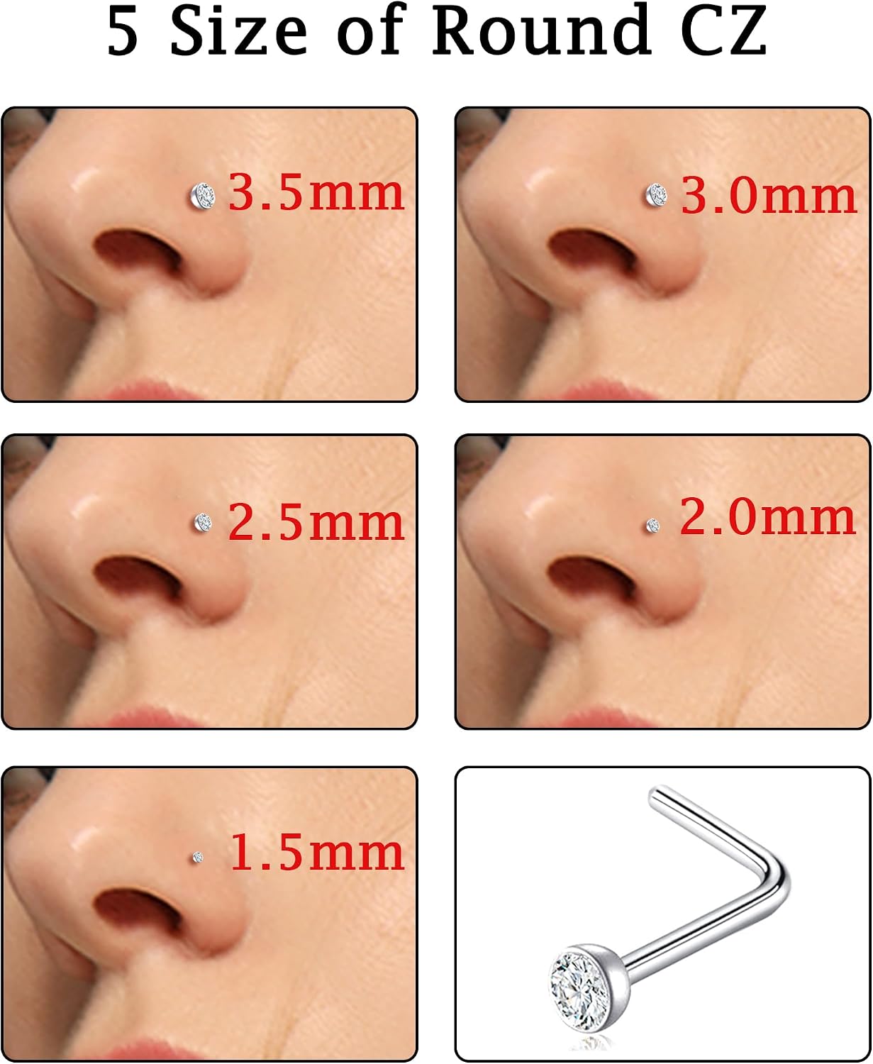 Akeoqi 15PCS G23 Titanium Nose Studs Ring L-Shaped Round CZ Ball Opal Star Heart Nose Studs Nostril Body Piercings Jewelry Set for Women Men Silver Gold Tone 20G 1.5mm 2mm 2.5mm 3mm 3.5mm