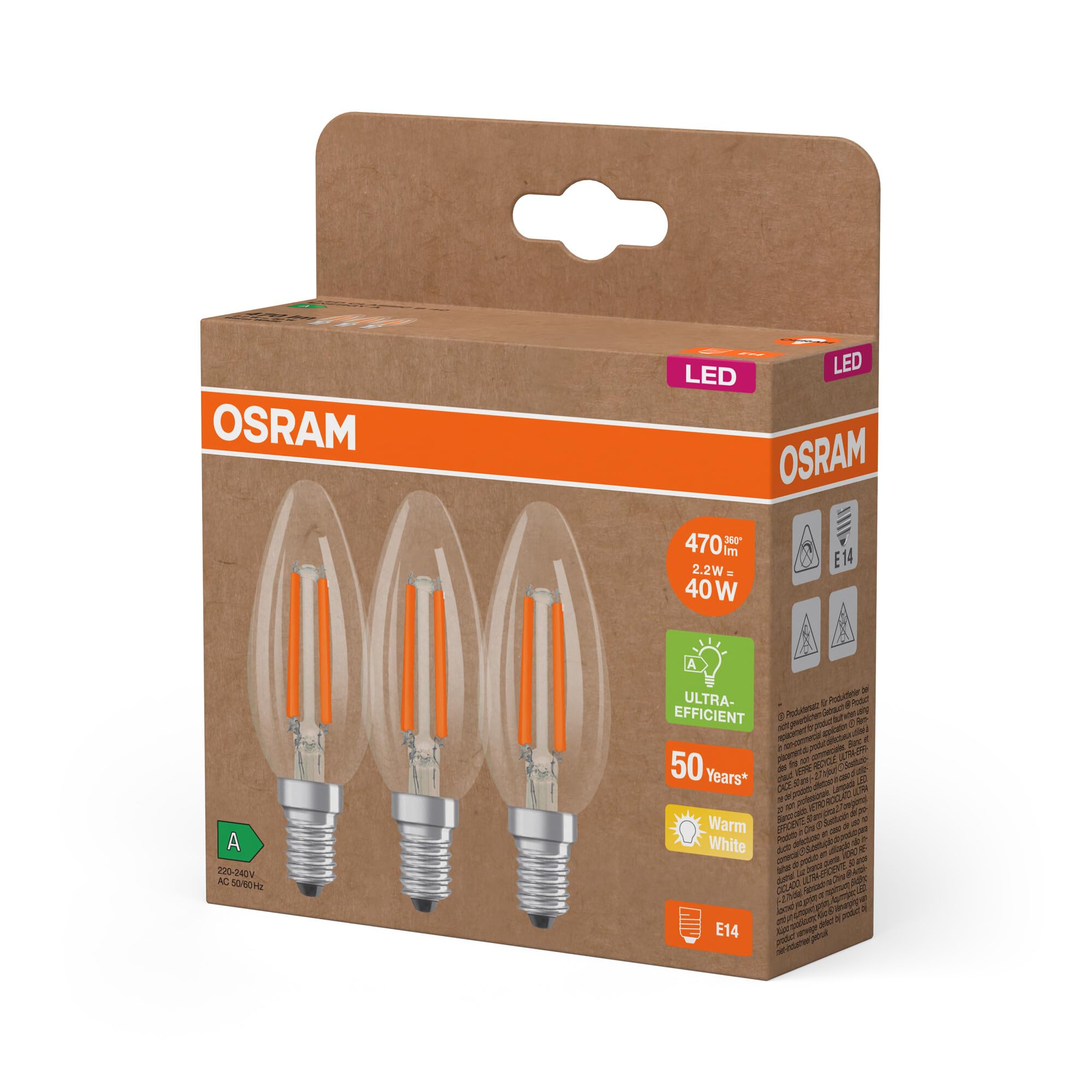 OSRAM Lámparas LED de alta eficiencia con clase de eficiencia energética A, paquete de 30 bombillas, reemplaza bombillas incandescentes tradicionales de 40W, blanco cálido, E14, vidrio filamento