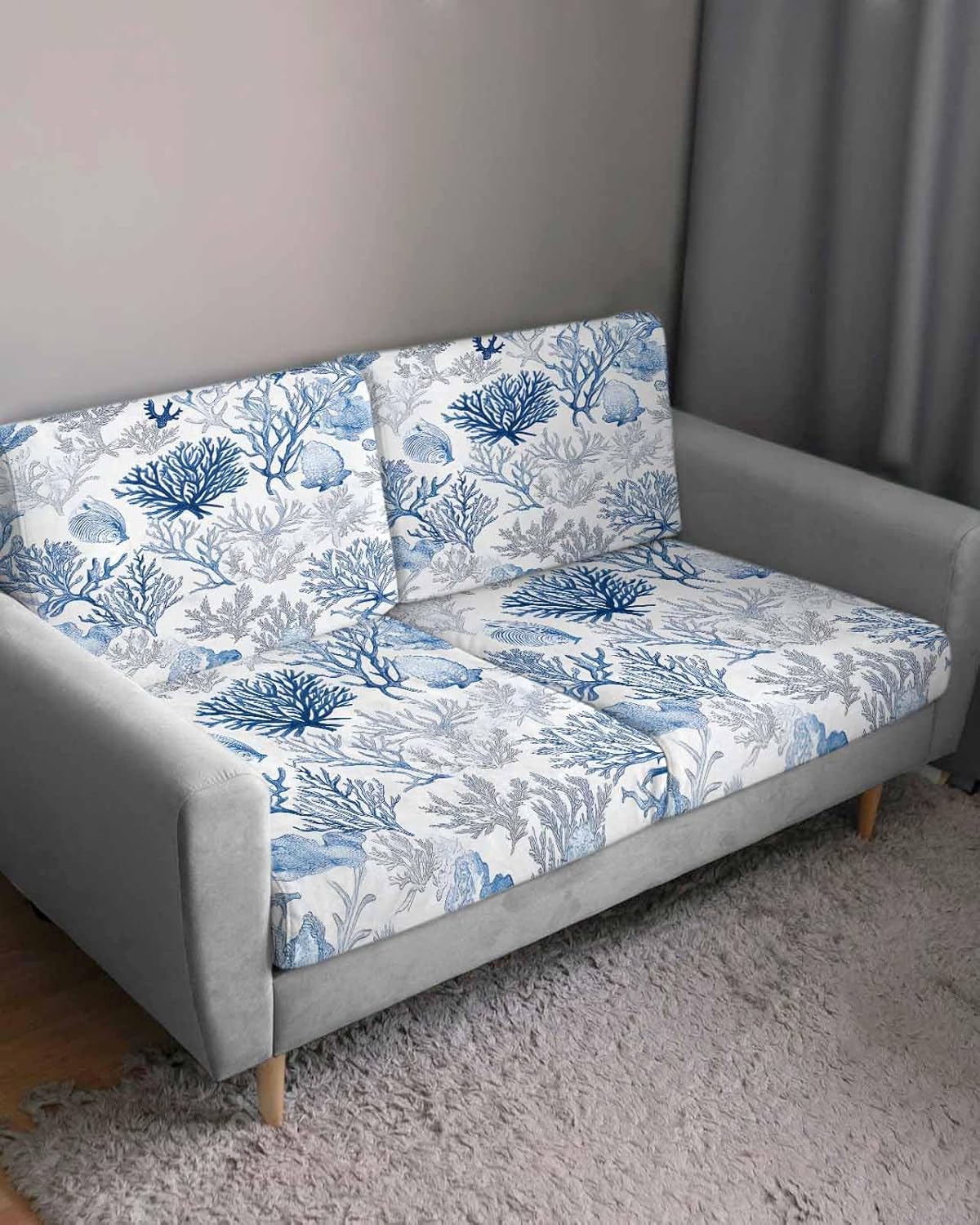 Blue Coastal Couch Cushion Covers, Ocean Coral Individual Sofa Seat Cover Stretch, Nautical Shell Summer Chair/Sofa Slipcovers Furniture Protector for Sectional, 3Pcs Small