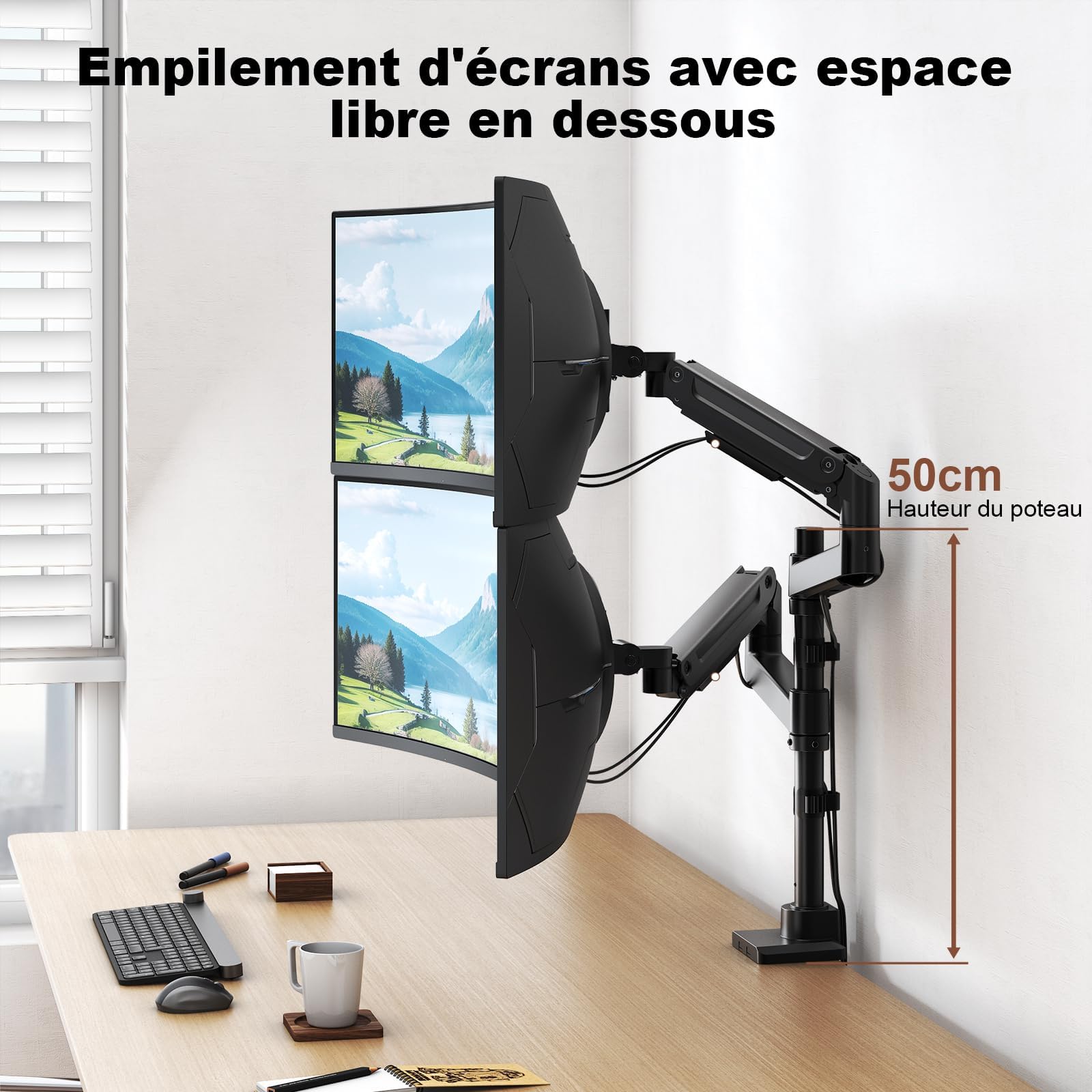 PUTORSEN Support Ecran pour 2 Moniteurs de 17 à 49 Pouces - Jusqu'à 20 kg par Bras, Fixation de Bureau Extra-Longue réglable en Hauteur et pivotante pour Une ergonomie optimale, VESA 75/100 mm