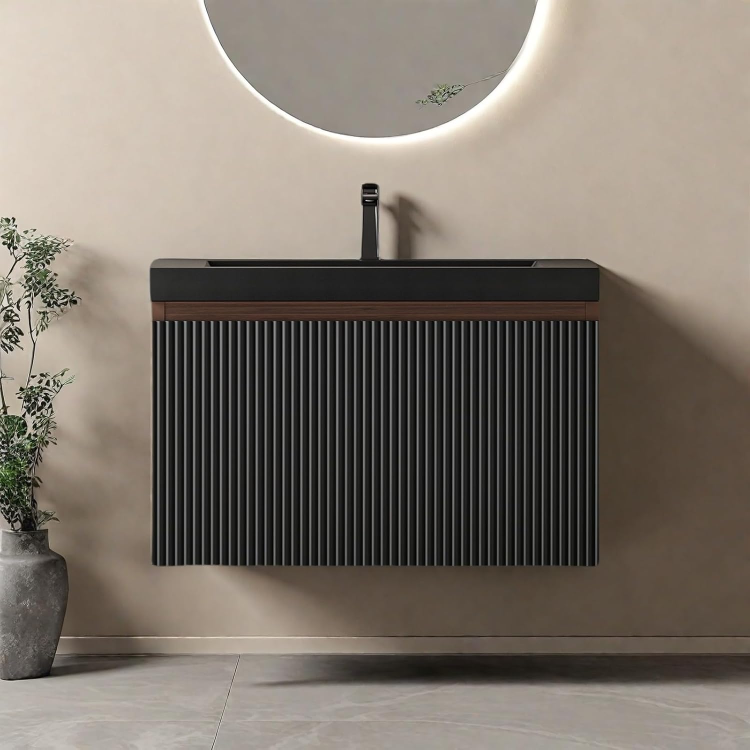 Wall Mounted Bathroom Sink Vanity, Modern 24" Floating Vanity with Resin Top Basin Sink and U-Shaped Soft-Close Storage Drawer, Striped Bathroom Storage Cabinet with Invisible Handle, Black