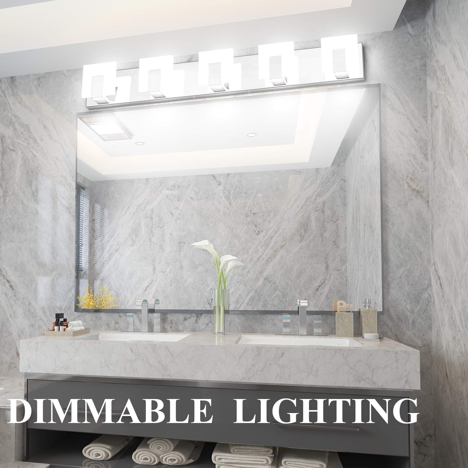 Aipsun 5 Lights Dimmable Modern LED Bathroom Vanity Light Acrylic Stainless Steel Chrome Up and Down Bathroom Wall Light Over Mirror(White Light 6000K)