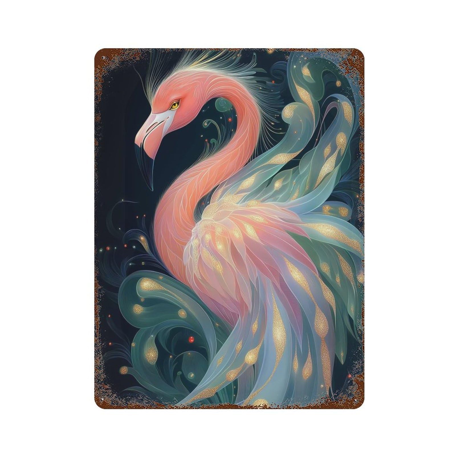 Golden Flamingo Art Animal Rustic Tin Plaque 15.7"x11.8", Classic Wall Plaque for Garage, Pub Or Kitchen