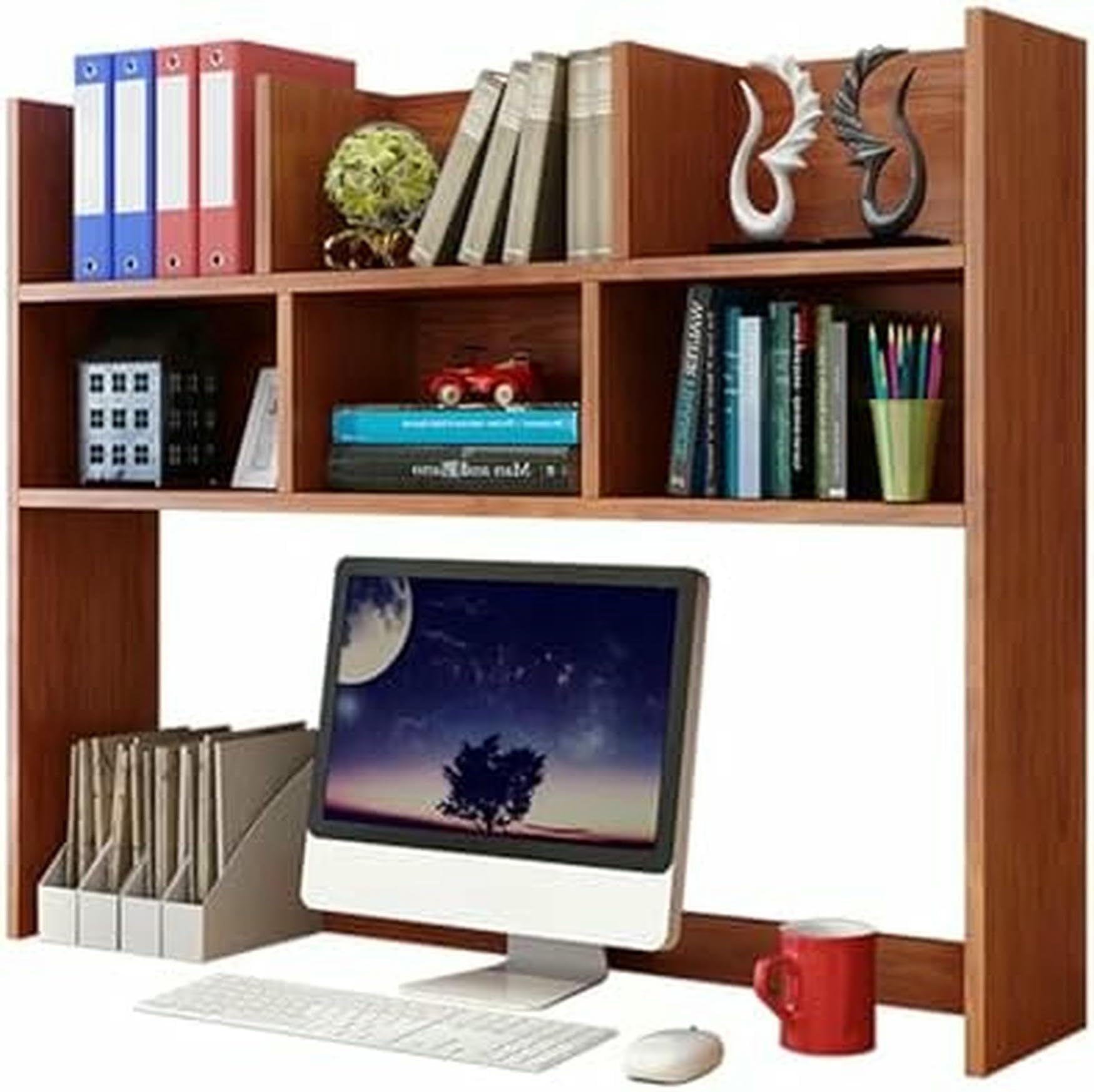 CWCQGH 2-Tier Desk Hutch for Dorm, Desktop Bookshelf Organizer, Slim Storage Rack, Multipurpose Home Office Display, Countertop Bookshelf for Small Spaces,Walnut Color-70cm/27.5in