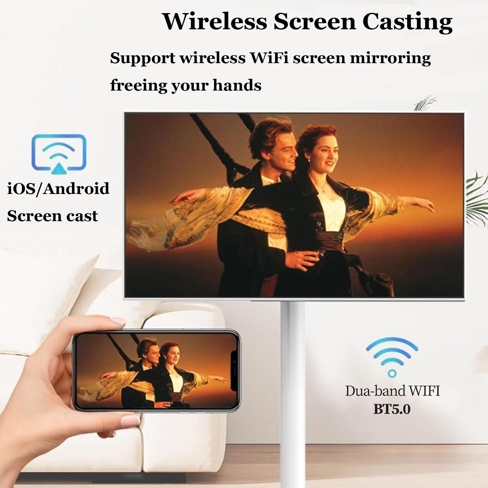 Smart screen TV portatile con telecomando, monitor wireless su ruote, touch screen con batteria integrata e rotazione completa, 24 pollici