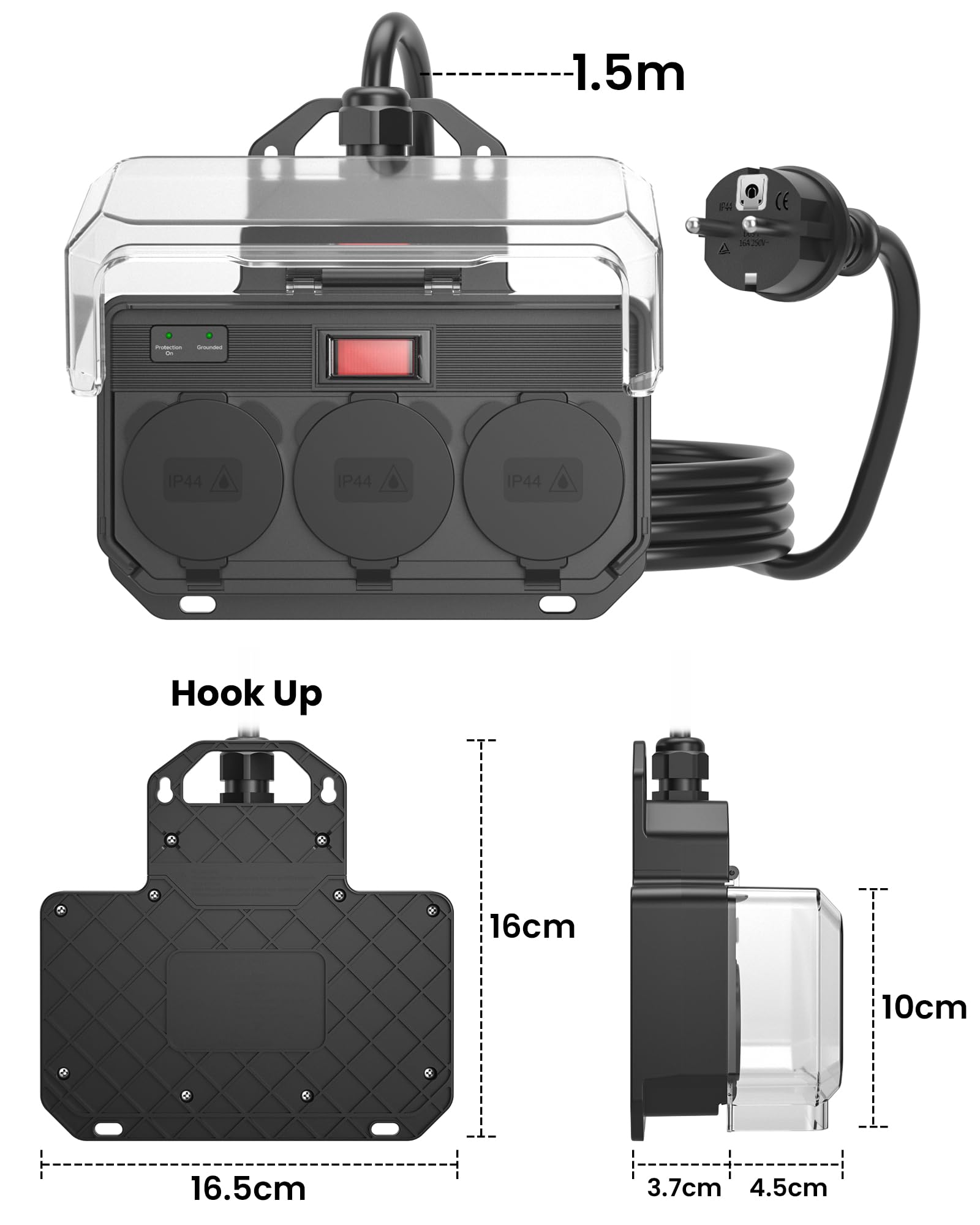 Regleta Enchufes Exterior IP44 Impermeable,Regletas Proteccion Sobretension con Interruptor 16A Sobrecarga,Base Enchufe Múltiple Pared,Exteriores Ladron 3 Tomas con Tapas,Alargador H07RN-F 1,5M,Negro — view 7