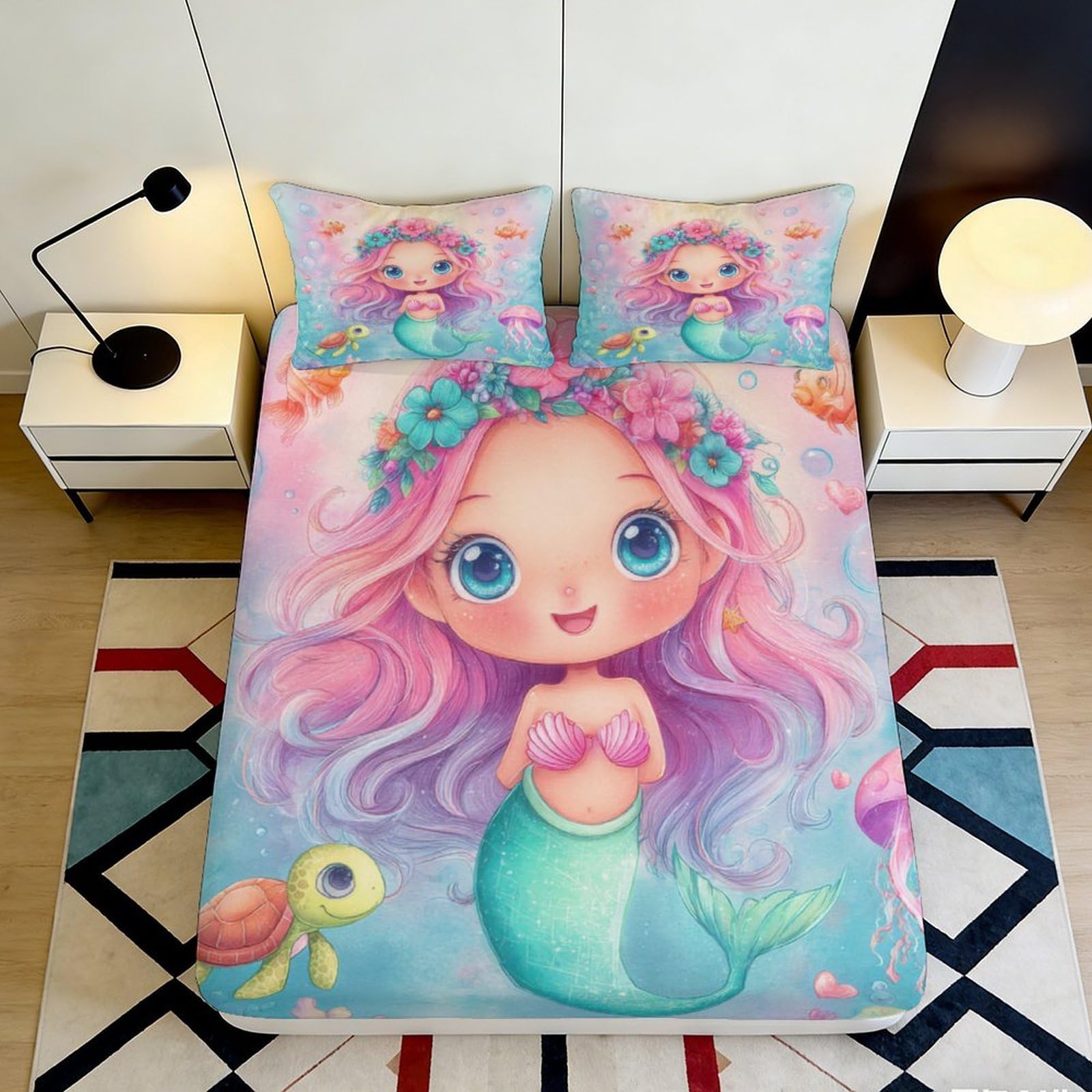 3D Printed Mermaid Fitted Sheet Microfiber Soft Breathable Cartoon Bed Cover with Turtle Design Mattress Cover for Bedroom Dormitory Guest Room 120x200x25cm