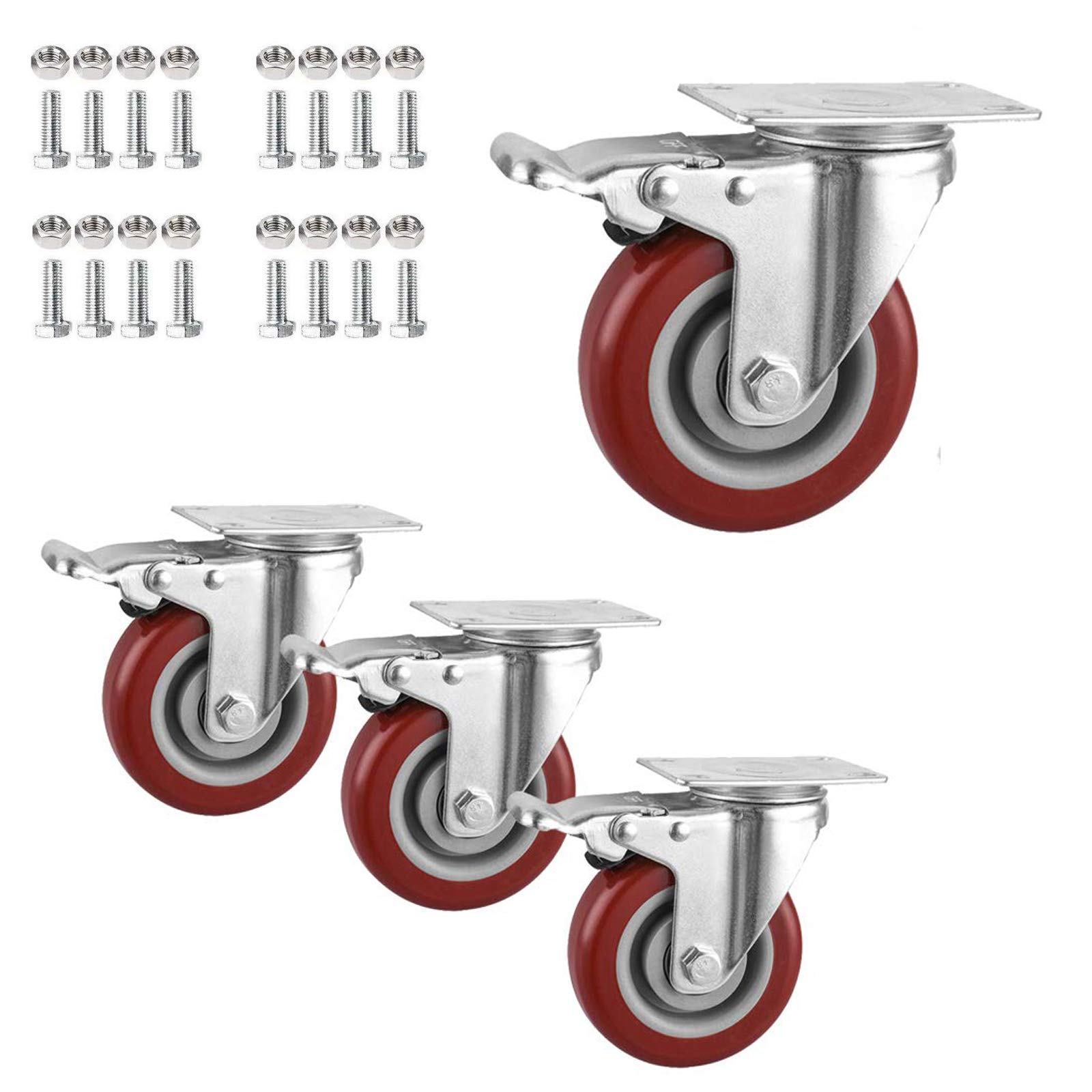 YeMI 4 inch Heavy Duty Casters, Lockable Bearing Caster Wheels with Brake, Swivel Casters for Furniture, Workbench and Cart-Set of 4 Load 1200lbs (Free Screws,Red B)