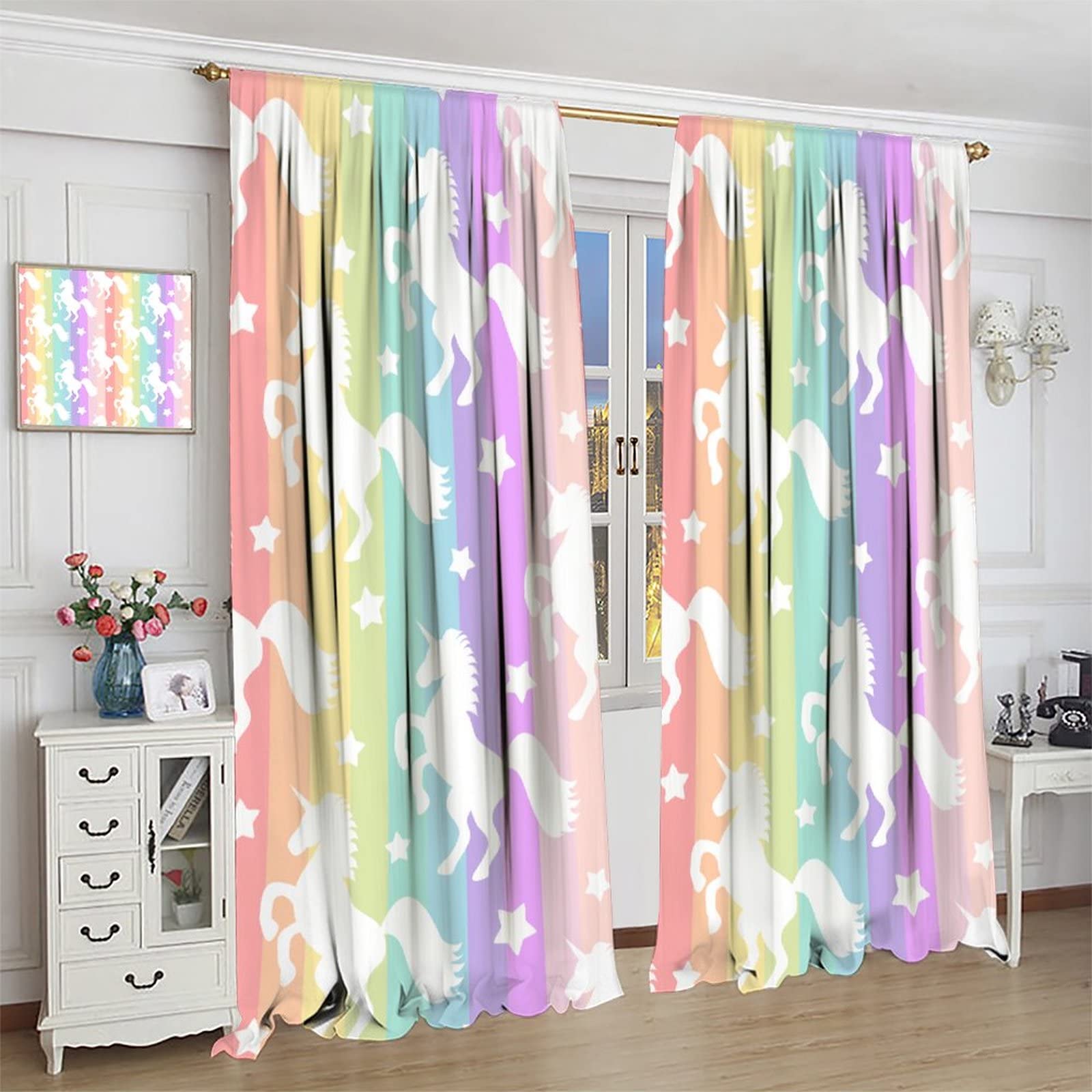 Rainbow Curtains for Living Room, Colorful Rainbow Unicorns & Stars Stripes Decor Window Treatments Kids Baby Girls Bedroom Curtain,Fantasy Style Home Decor Blackout Drapes 2 Panel Set W42xL63in