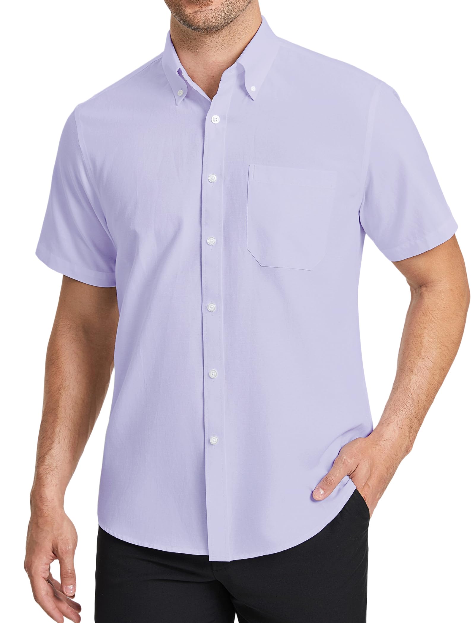 HISDERN Camisa Oxford Hombre Manga Corta Formales con Bolsillo Camisas Vestir Verano de Trabajo Hombre Ajuste Regular