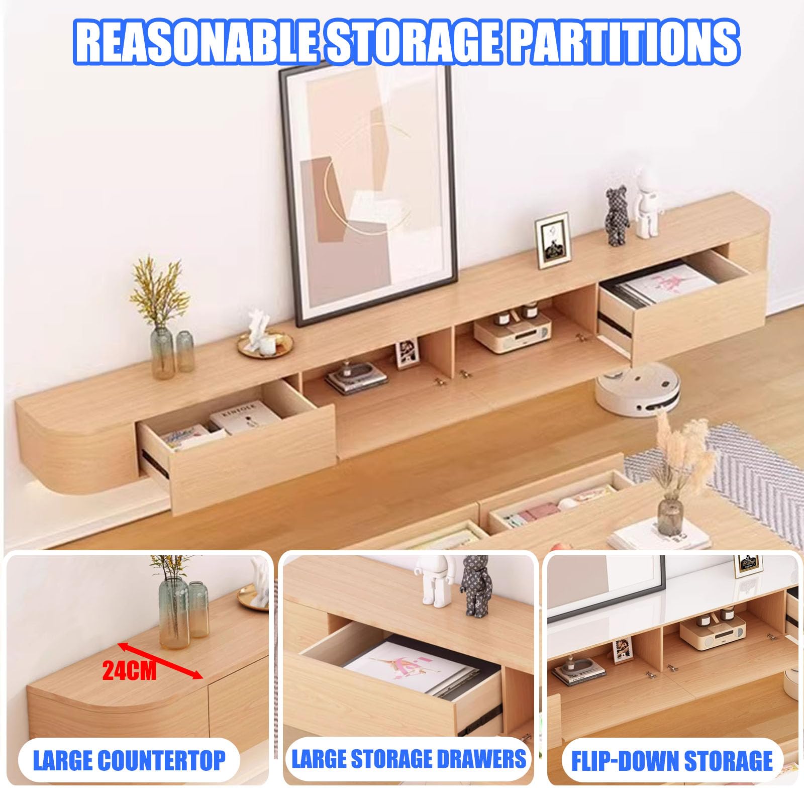 Supporto TV sospeso - Console multimediale montata a Parete con 2 cassetti, Elegante Centro di intrattenimento, Ampia Panca TV portaoggetti per Soggiorno, salvaspazio