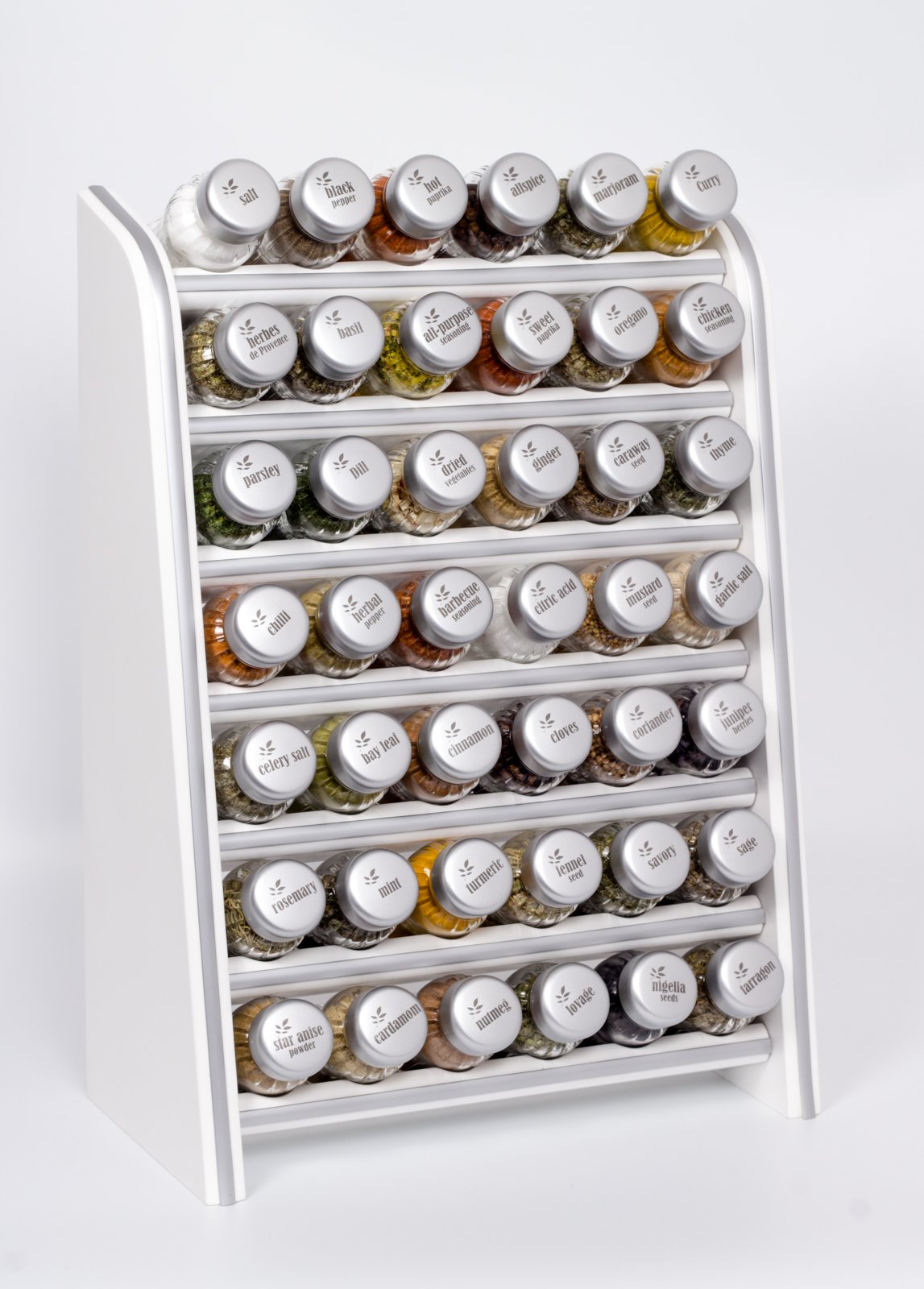 42 Jar Wooden Kitchen Spice Rack Filled with Herbs and Spices + 2 Glass Jars Absolutely Free! -Made in Poland- 42N-Silver line -White. Satin caps