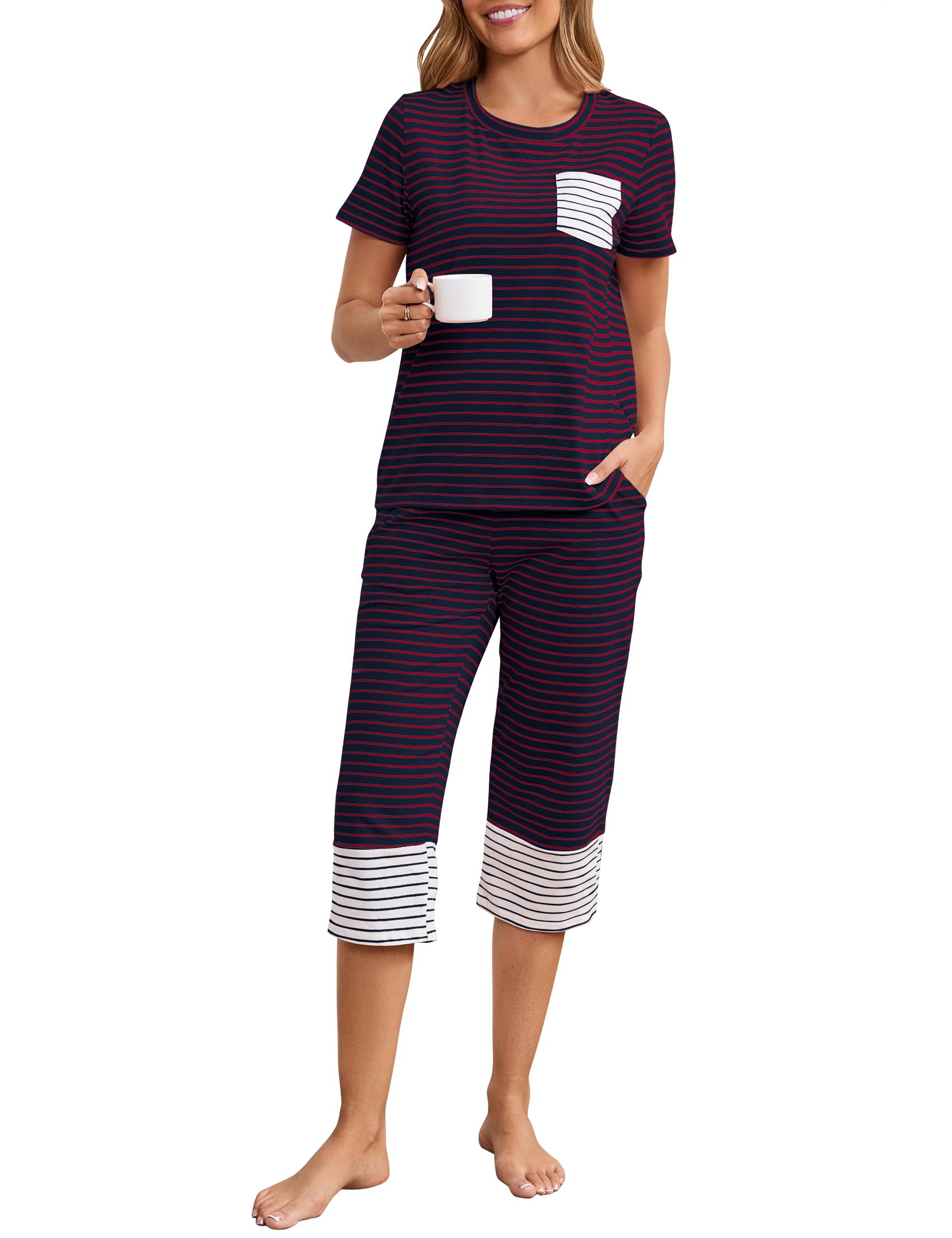 Namatime Womens Cotton Pajama Set Stripe 2 Piece Lounge Set Short Sleeve Capri Pj Set Comfy Loungewear Sleepwear with Pockets