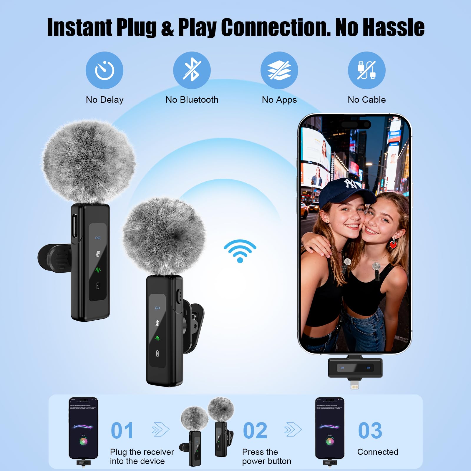 Micro cravate sans fil 3 en 1 pour iPhone/Android/appareil photo, mini microphone professionnel à clip rotatif et suppression du bruit, idéal pour Vlog, TikTok et YouTube