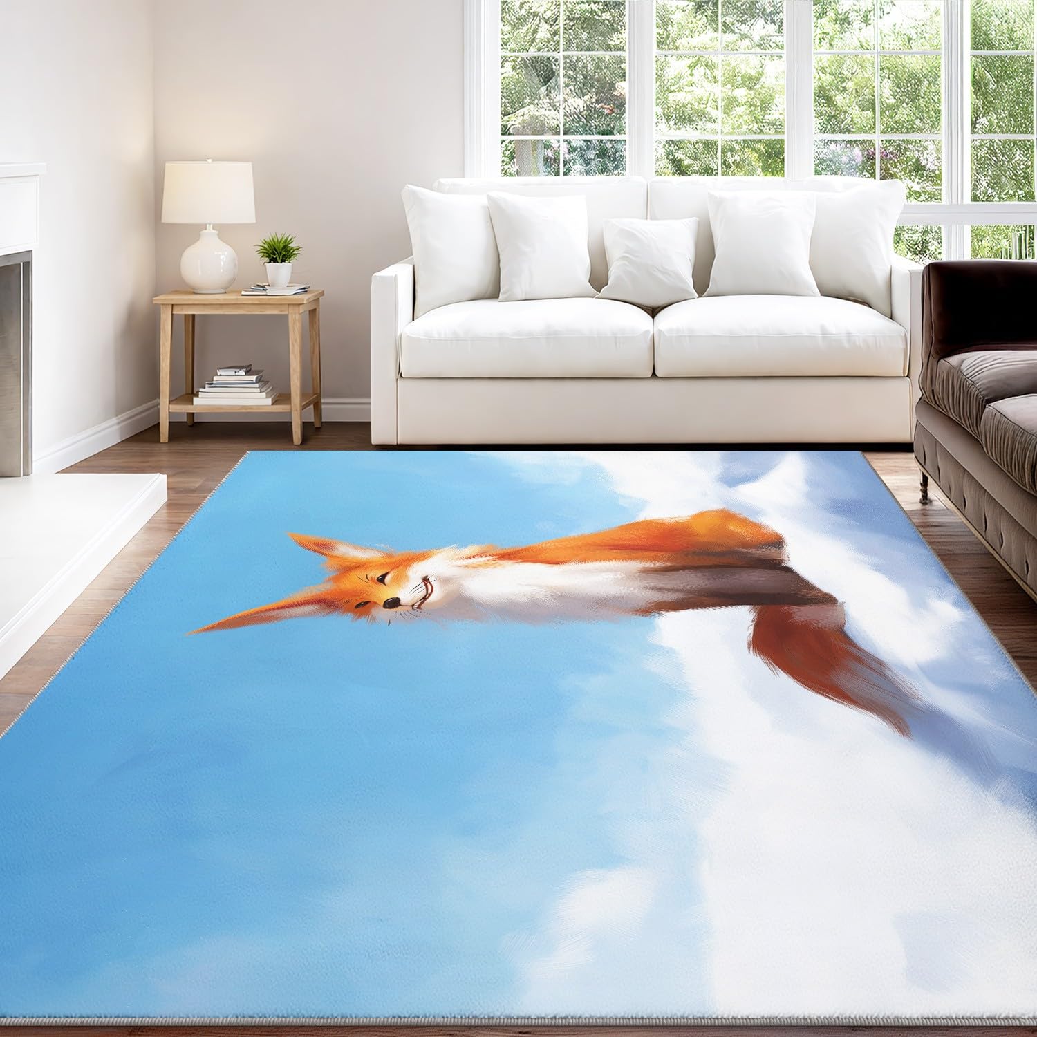 Wycieraczka do wnętrz 140 x 200 cm, nadaje się do prania w pralce, fantazyjny komiksowy styl minimalistyczny, spokojny krajobraz śnieżny, lis, pomarańczowy, biały, antypoślizgowy, niskie runo do