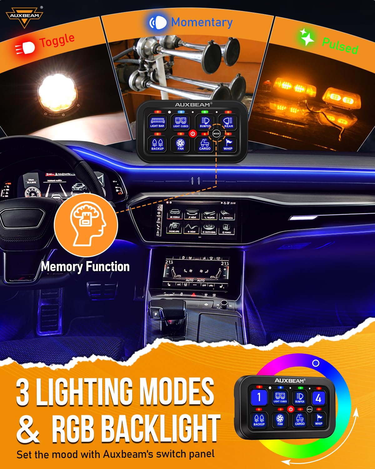 Auxbeam 8ギャングスイッチパネル RB80 RGB Series 8 Gang (RB80) Switch Panel, Toggle/ Momentary/ Pulsed Mode