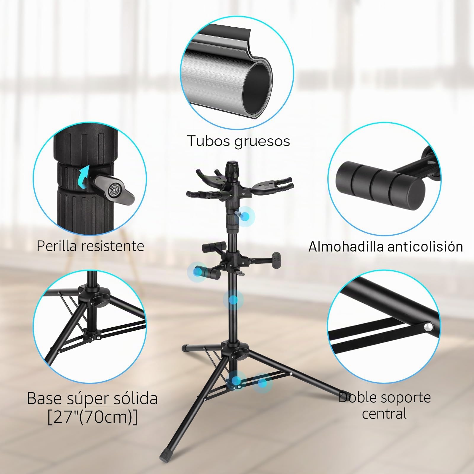 GUITTO Soporte triple para guitarra, universal, para guitarras acústicas, eléctricas, bajos, banjos, plegable, multiguitarra, GGS-06T