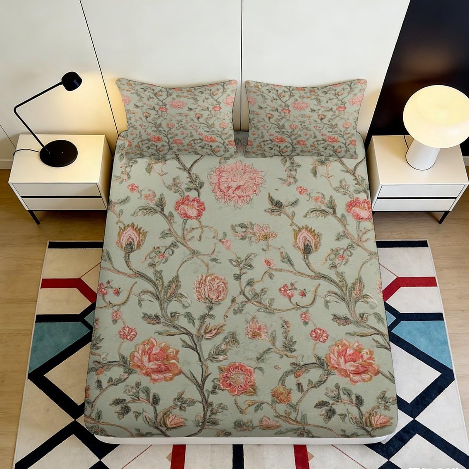 Zfldkwgb Style-1 3D Printed Vintage Floral Fitted Sheet Microfiber Soft Breathable Botanical Peony Mattress Cover For Bedroom Decor 90X200x25cm