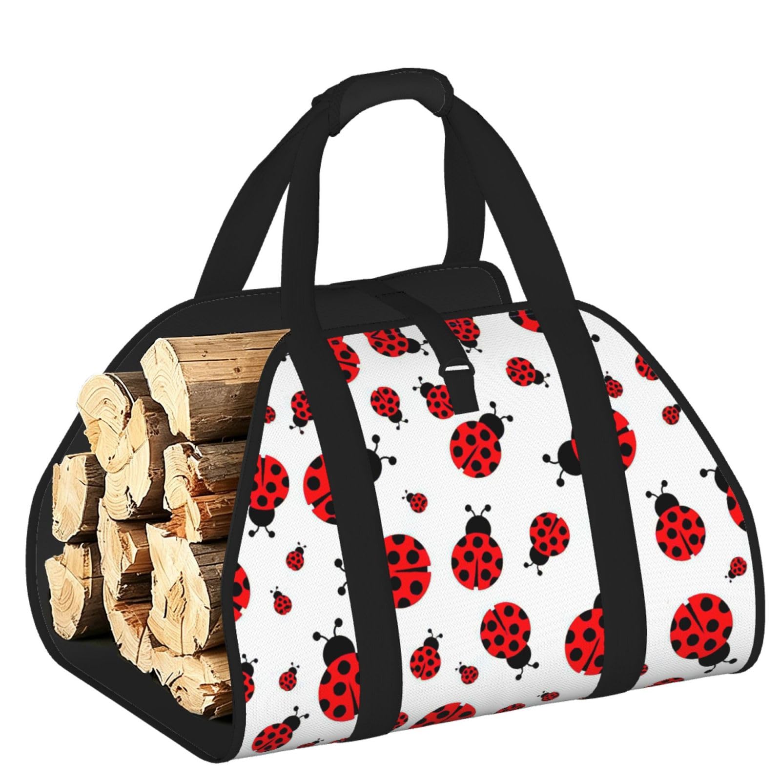 Ladybug Printed Firewood Carrier Bag, Log Tote with Open-Ended Design for Camping Outdoor Wood Hauling