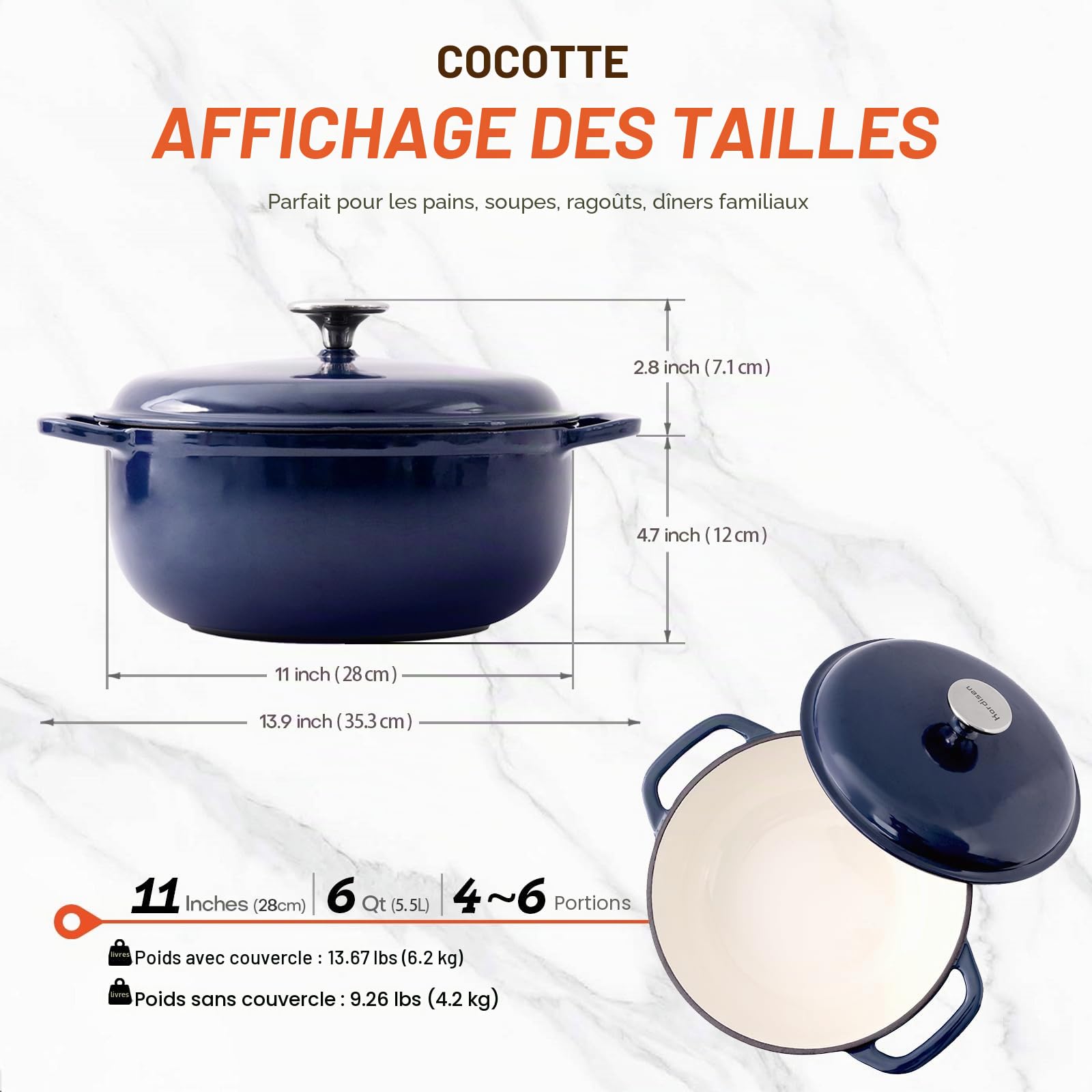 Kordisen 28 cm/5.7 L Cocotte en Fonte Emaillée avec Couvercle, Pour la Cuisson du Pain au Levain, Compatible avec le four Jusqu'à 260 °C, Robuste et Grande Taille, Bleue