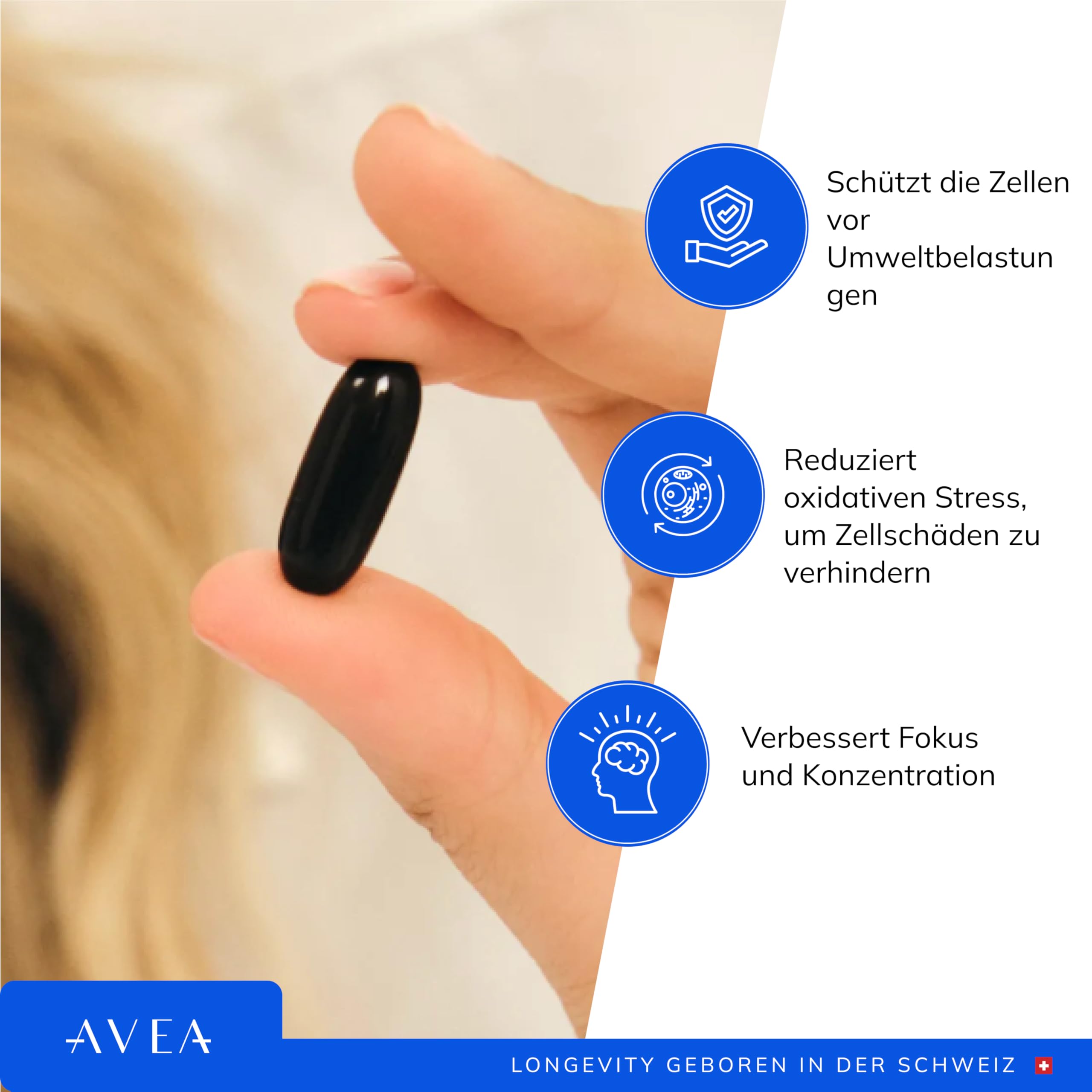 AVEA NAD+ Booster Softgel-Kapseln - Entwickelt in der Schweiz - Natürliches Immunitäts - Supplement mit Trans-Resveratrol, CoEnzym Q10 & Pterostilben - Schützt vor oxidativem Stress