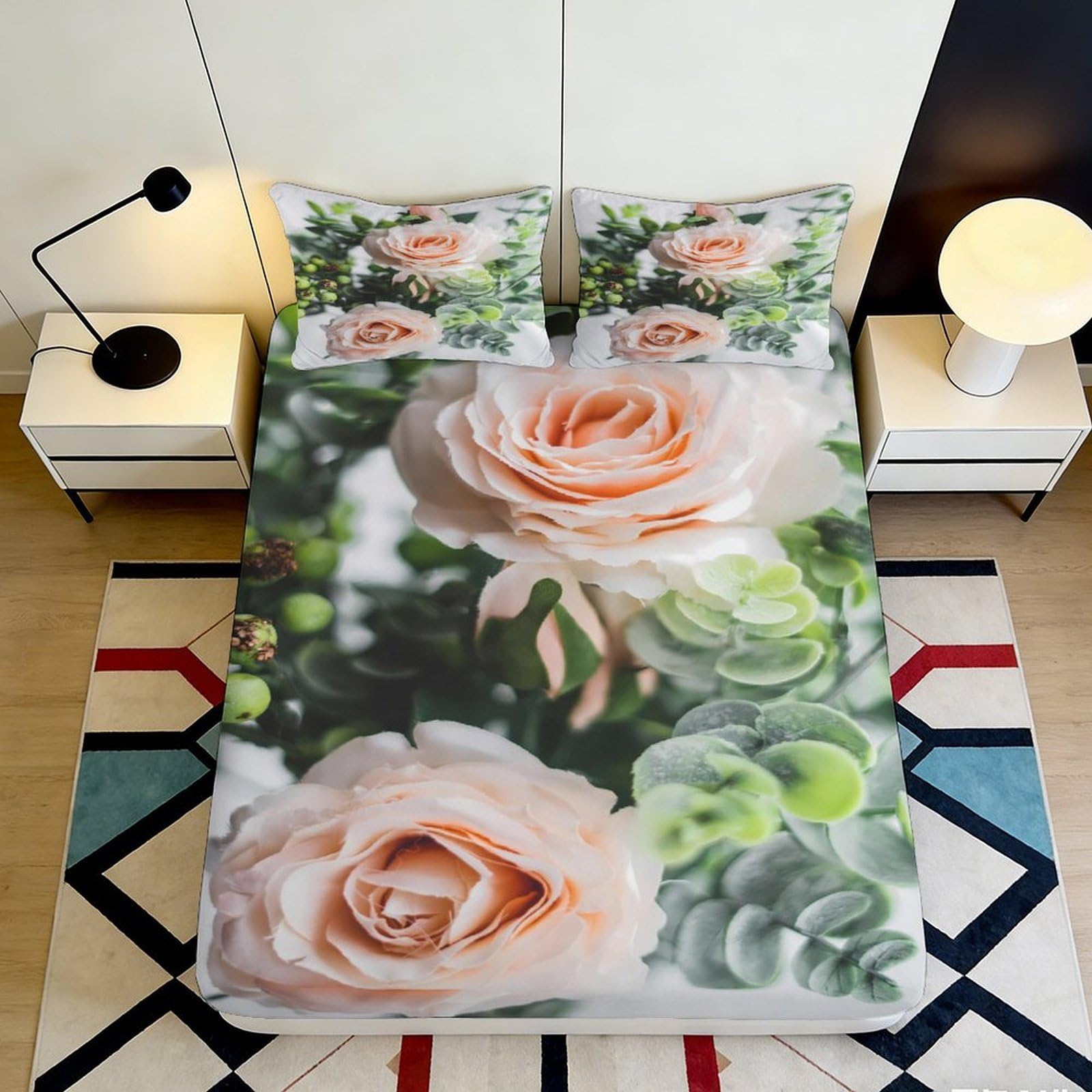 3D Printed Rose Flower Fitted Sheet Microfiber Soft Pink Green Botanical Mattress Cover for Bedroom Guest Room Decor 160x200x25cm