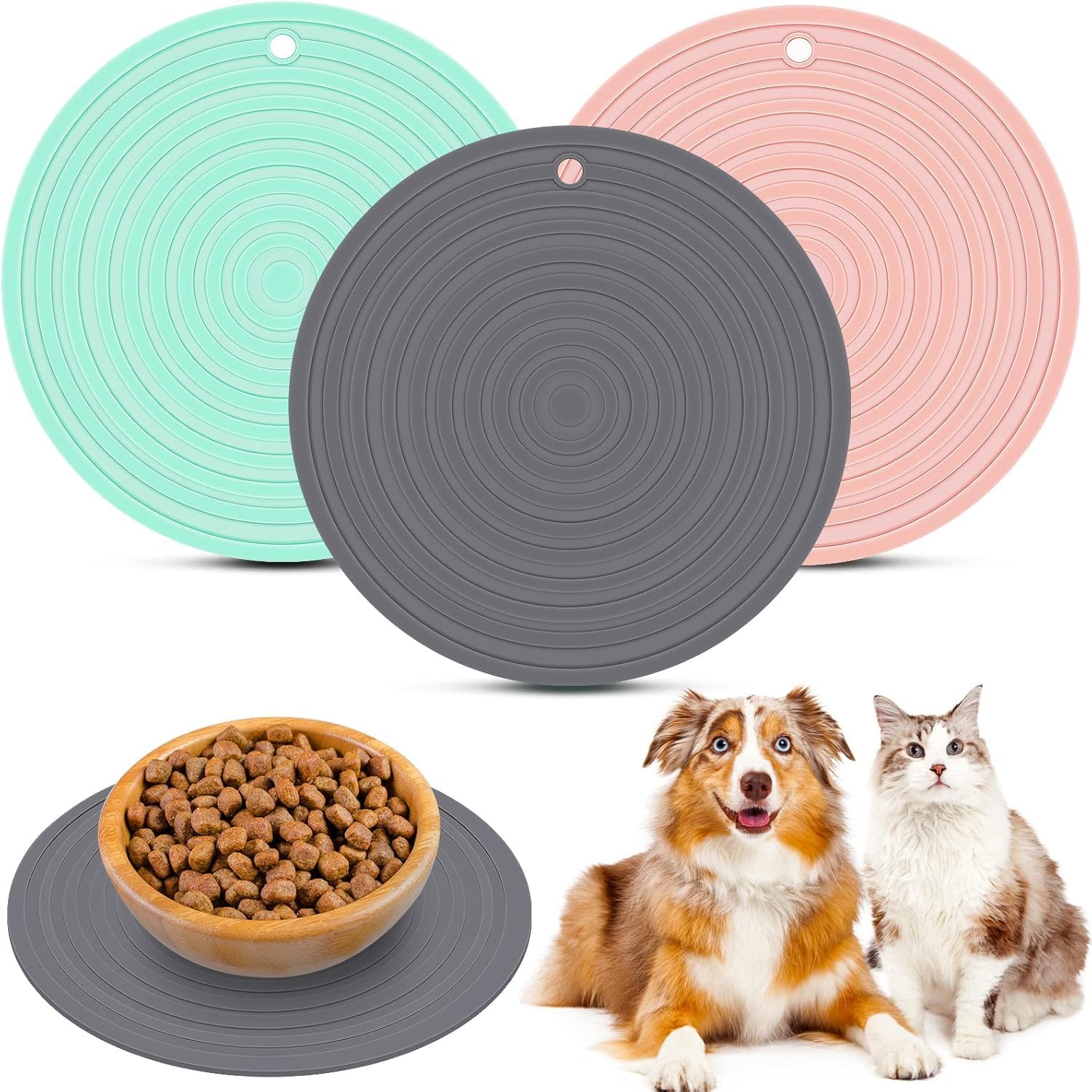 Cat Food Mat, Silicone Waterproof Round Dog Food Mat, Non-Skid Spill Proof Pet Feeding Mat for Food and Water Suitable for Small and Medium Pets, Easy to Clean (pink+gray+green)