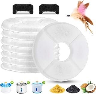 Cat Fountain Filters, Aimeotoo 8 Pack Pet Filters Round for Cat Water Fountain, 5.5cm Replacement Activated Carbon Filters with 2 Fountain Sponge Filters and 1 Cat Toy, Suit for 1.6-2.5L Fountain