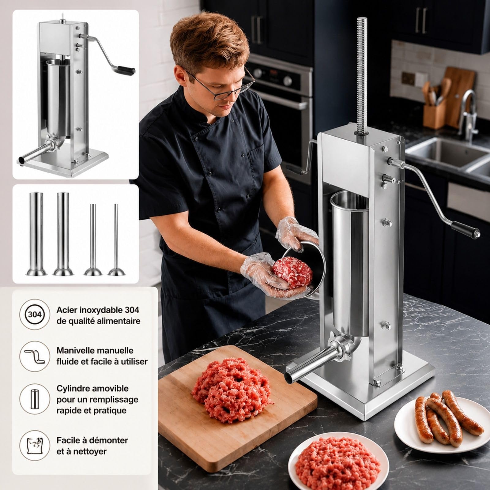 Poussoir à saucisses manuel vertical 5 L en acier inoxydable avec 5 tubes de remplissage pour cuisine domicile et restaurant