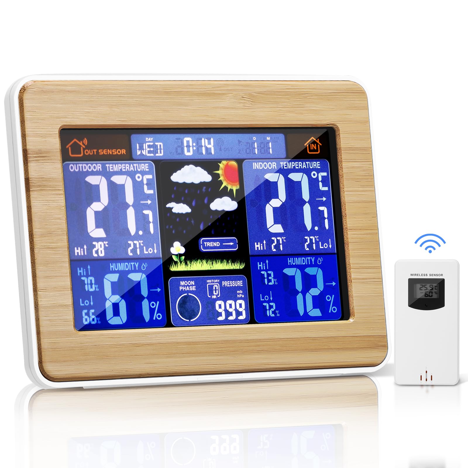 Stazione meteo senza fili, stazione meteo per interni esterni senza fili, termometro interno con sensore LED schermo retroilluminato orologio digitale allarme visualizzazione ora data giorno