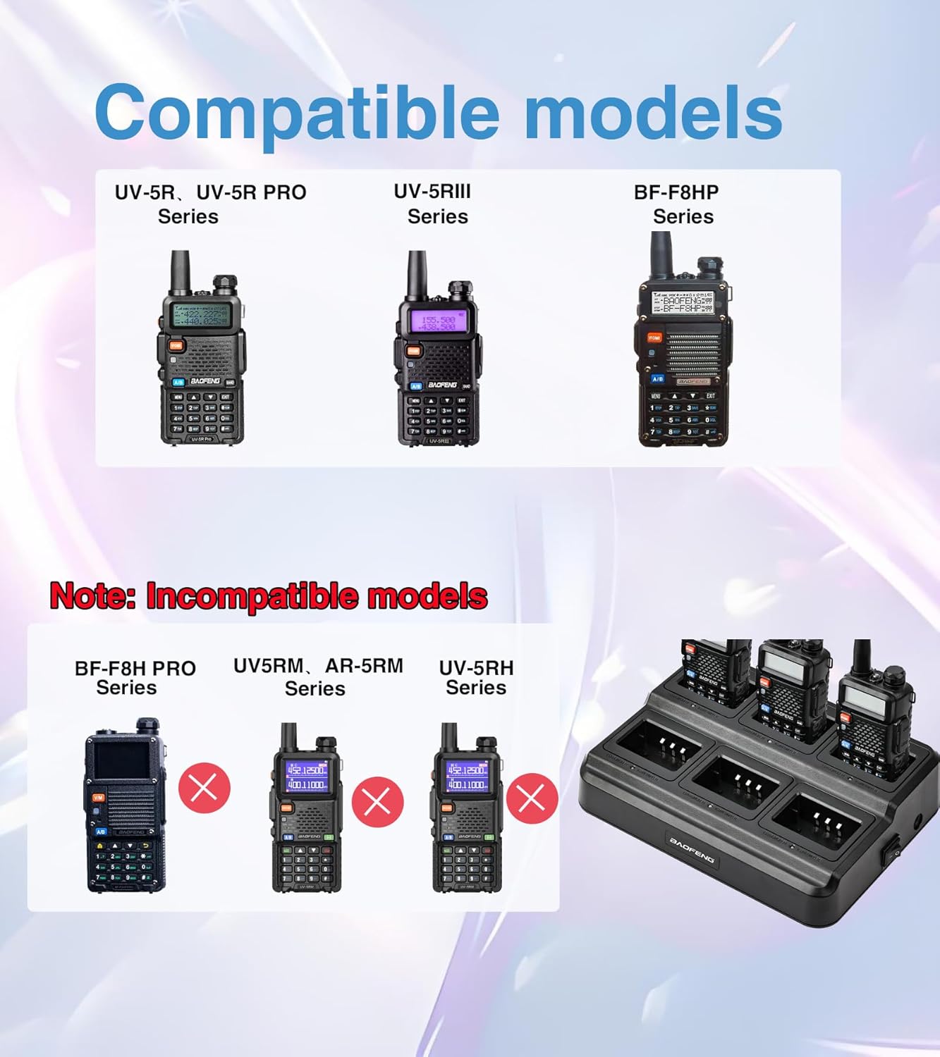 Image showing compatible and incompatible BAOFENG radio models for the charger