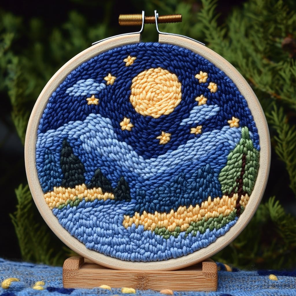 Punch Needle Kits Beautiful Night Starry Moon Scenery Easy for Beginners DIY Punch Needle Yarn Starter Embroidery Set for Craft Lovers with Printed Pattern and Hoop for Home Decor 20x20cm(4)