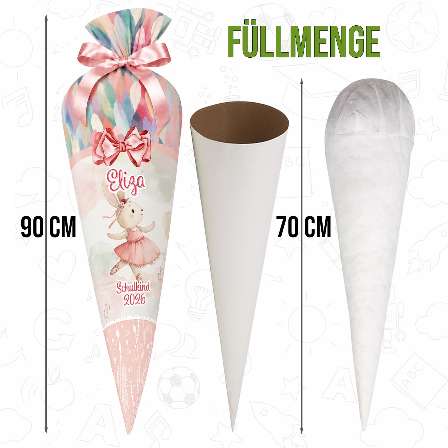Personalisierte Schultüte Kaninchen Hasse 70 cm Zuckertüte aus Stoff mit runde Papprohling Silikonkügelchen Kissen