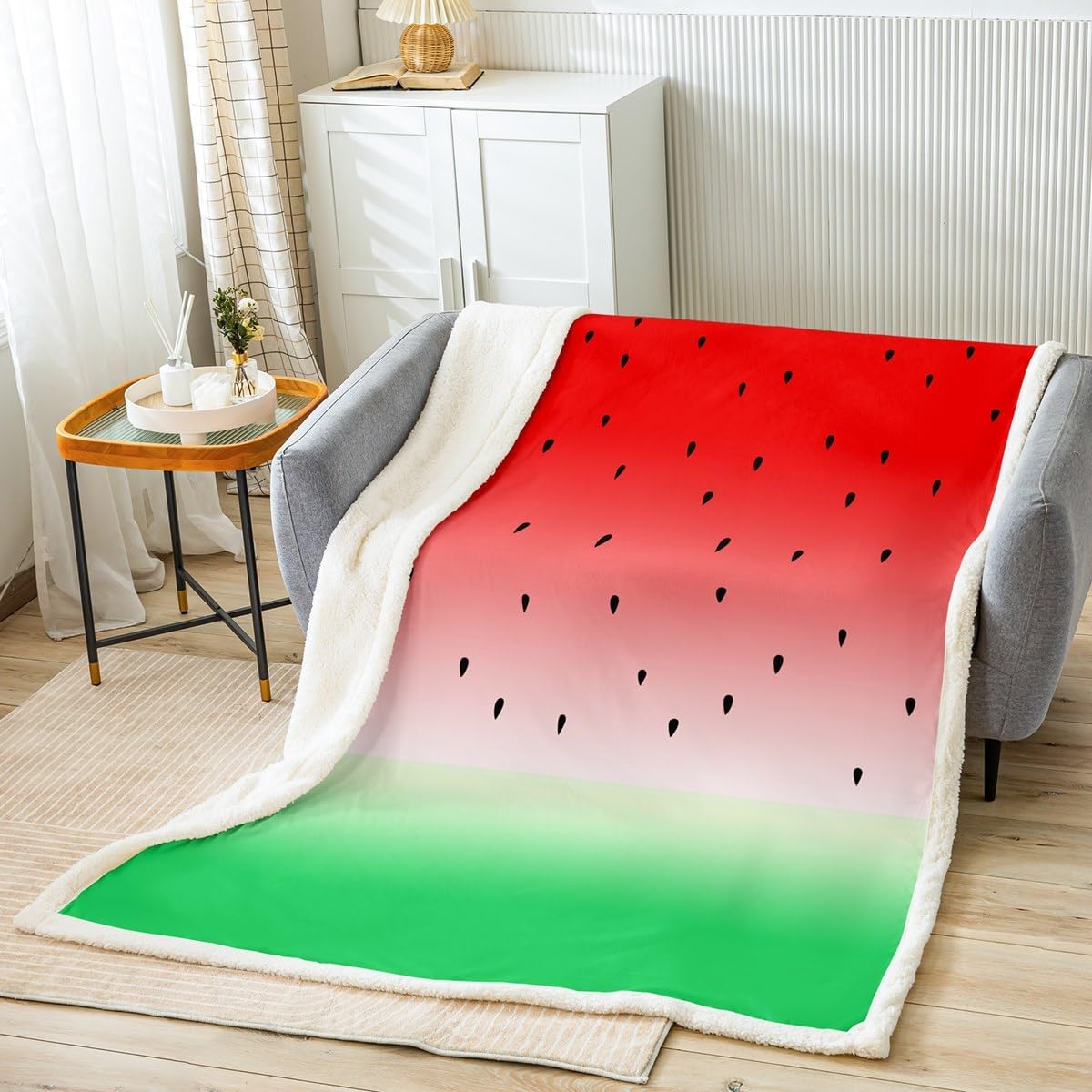 Feelyou Watermelon Sherpa Blanket Kids Fresh Fruit Fleece Throw Blanket Red Green Plush Blanket for Adult Teens Summertime Fuzzy Blanket for Sofa Bed Couch,Throw 50x60 Inches