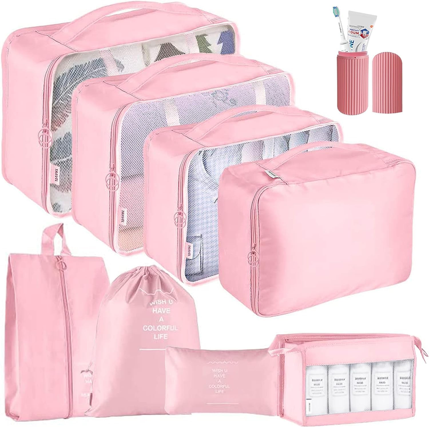 Oceanevo 9 Pcs Packing Cubes, Travel Luggage Organizer for Men and Women, Toiletry Bag, Packing Cubes for Travel with Tooth Brush Holder- Set of 9 - Pink
